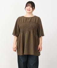 OLEIV39099 eur3(エウルキューブ) 【大きいサイズ】ギンガムチェックシャーリングチュニック キャメル(83)