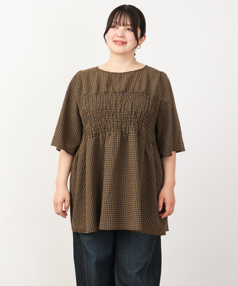 OLEIV39099 eur3(エウルキューブ) 【大きいサイズ】ギンガムチェックシャーリングチュニック キャメル(83)