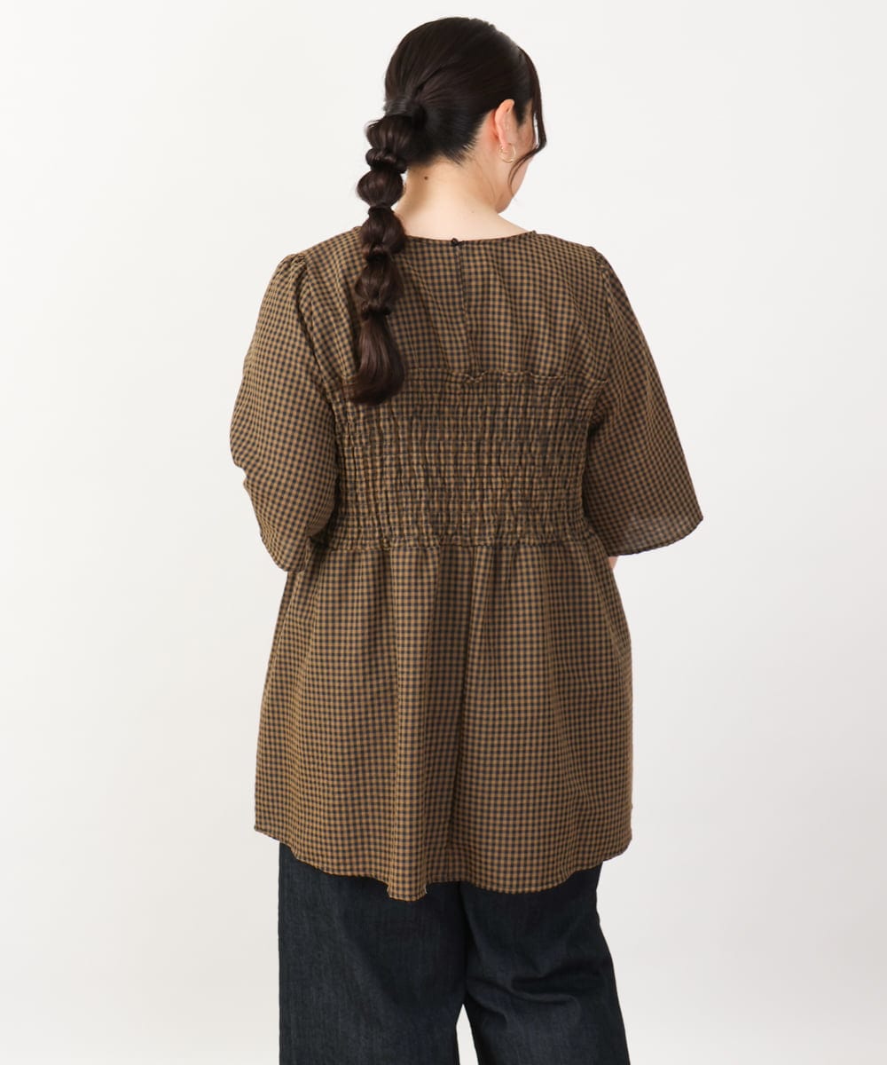 OLEIV39099 eur3(エウルキューブ) 【大きいサイズ】ギンガムチェックシャーリングチュニック キャメル(83)