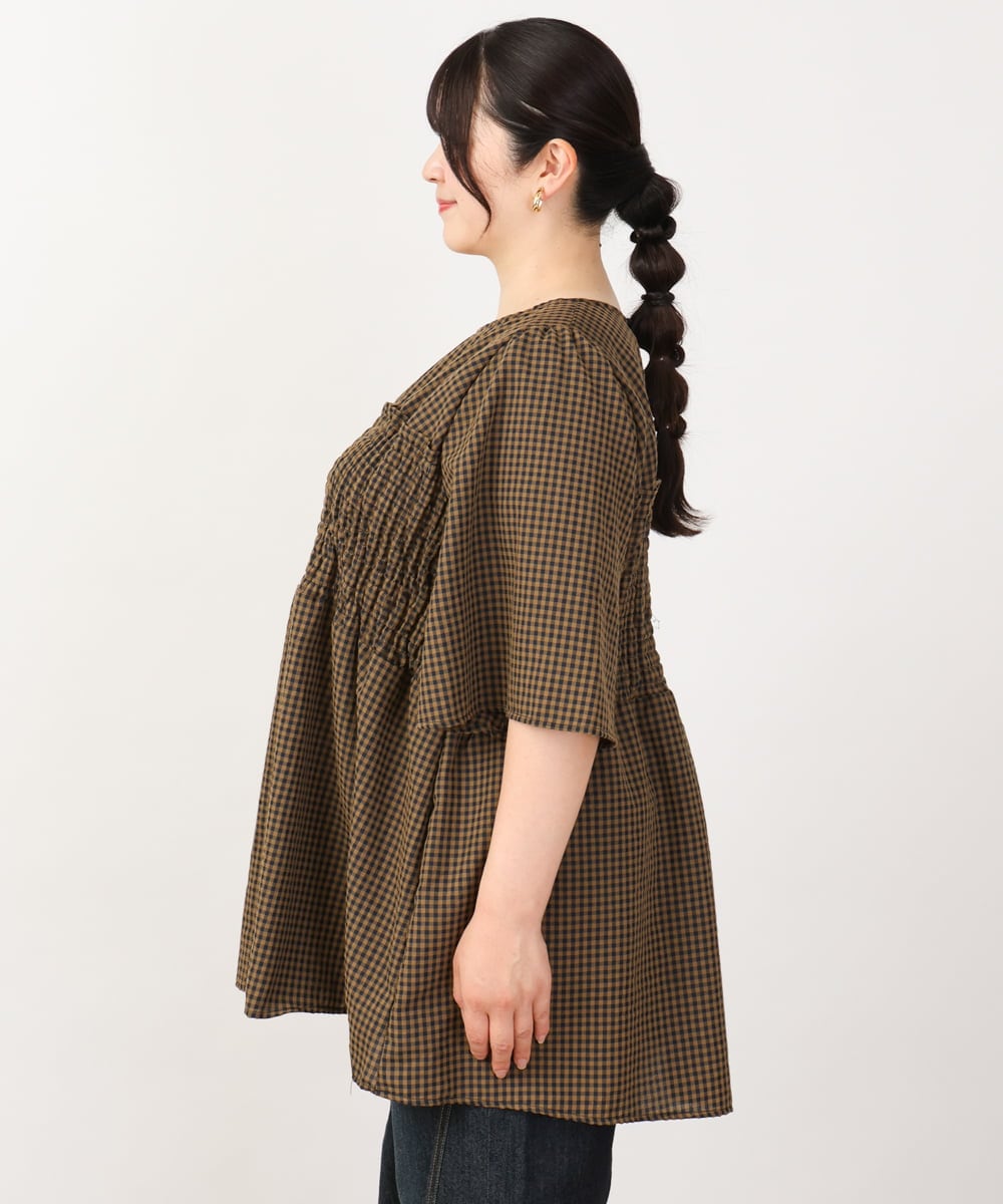 OLEIV39099 eur3(エウルキューブ) 【大きいサイズ】ギンガムチェックシャーリングチュニック キャメル(83)