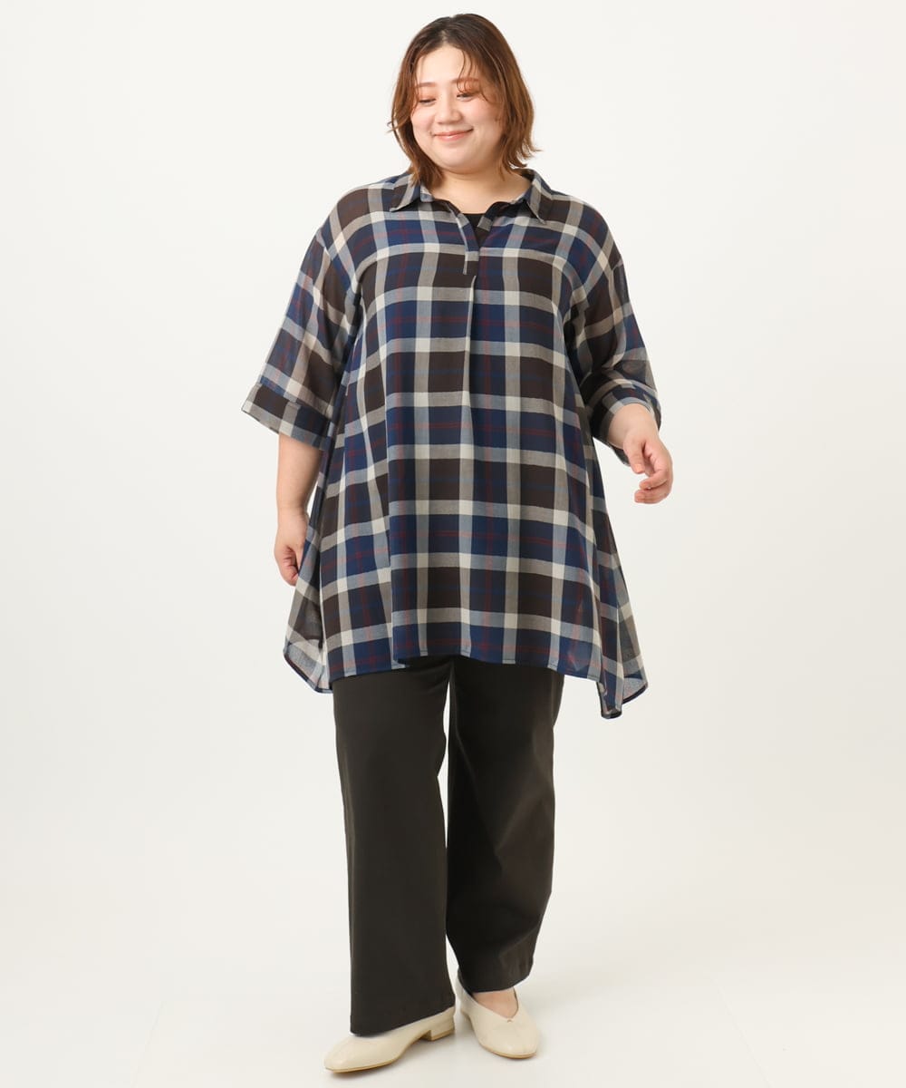 OLEJA01089 eur3(エウルキューブ) 【大きいサイズ】シアーチェックシャツチュニック ネイビー(57)