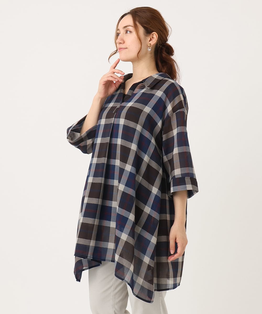 OLEJA01089 eur3(エウルキューブ) 【大きいサイズ】シアーチェックシャツチュニック ネイビー(57)