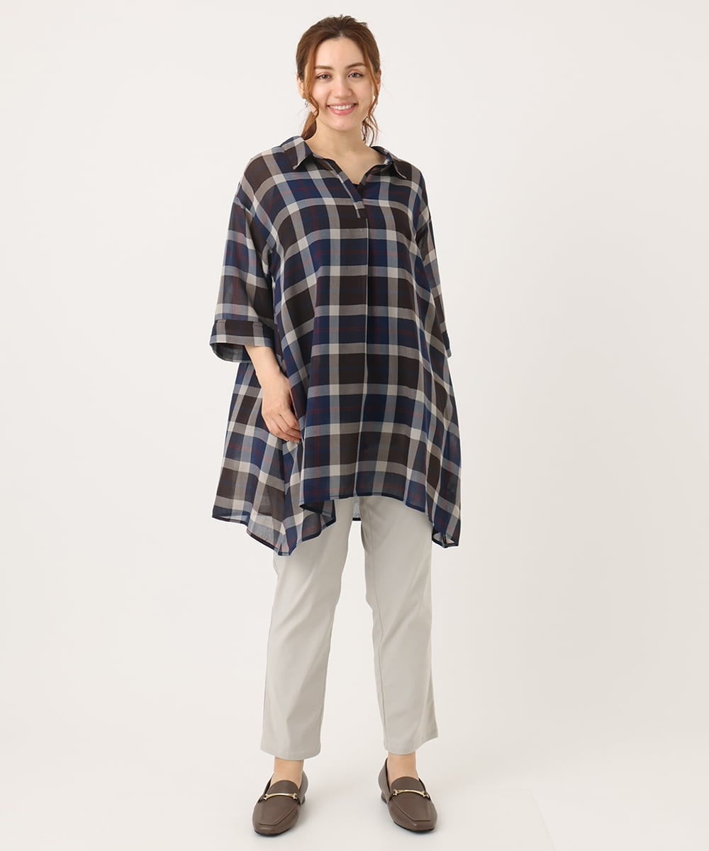 OLEJA01089 eur3(エウルキューブ) 【大きいサイズ】シアーチェックシャツチュニック ネイビー(57)