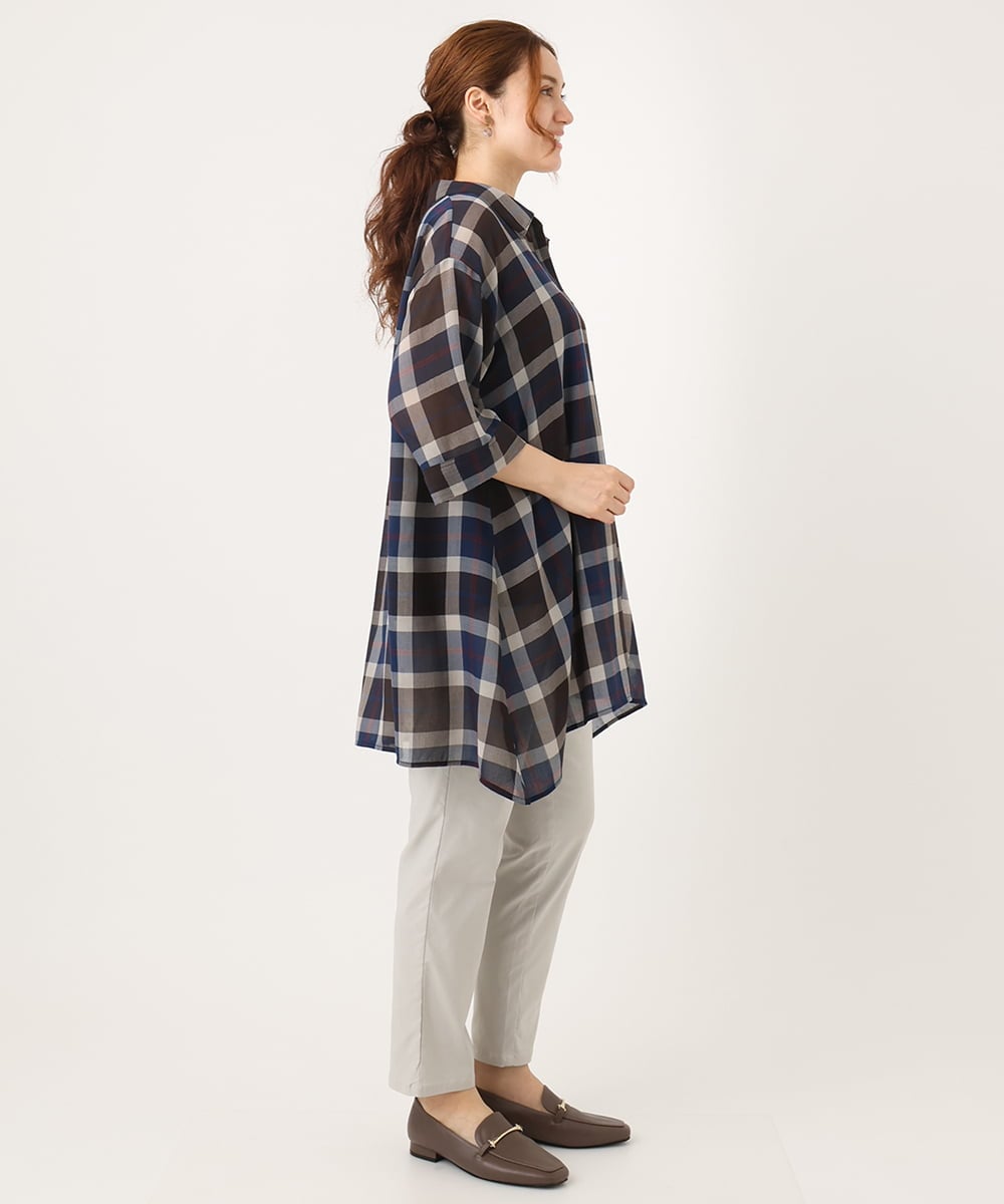 OLEJA01089 eur3(エウルキューブ) 【大きいサイズ】シアーチェックシャツチュニック ネイビー(57)