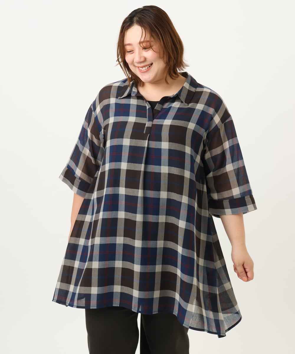 OLEJA01089 eur3(エウルキューブ) 【大きいサイズ】シアーチェックシャツチュニック ネイビー(57)