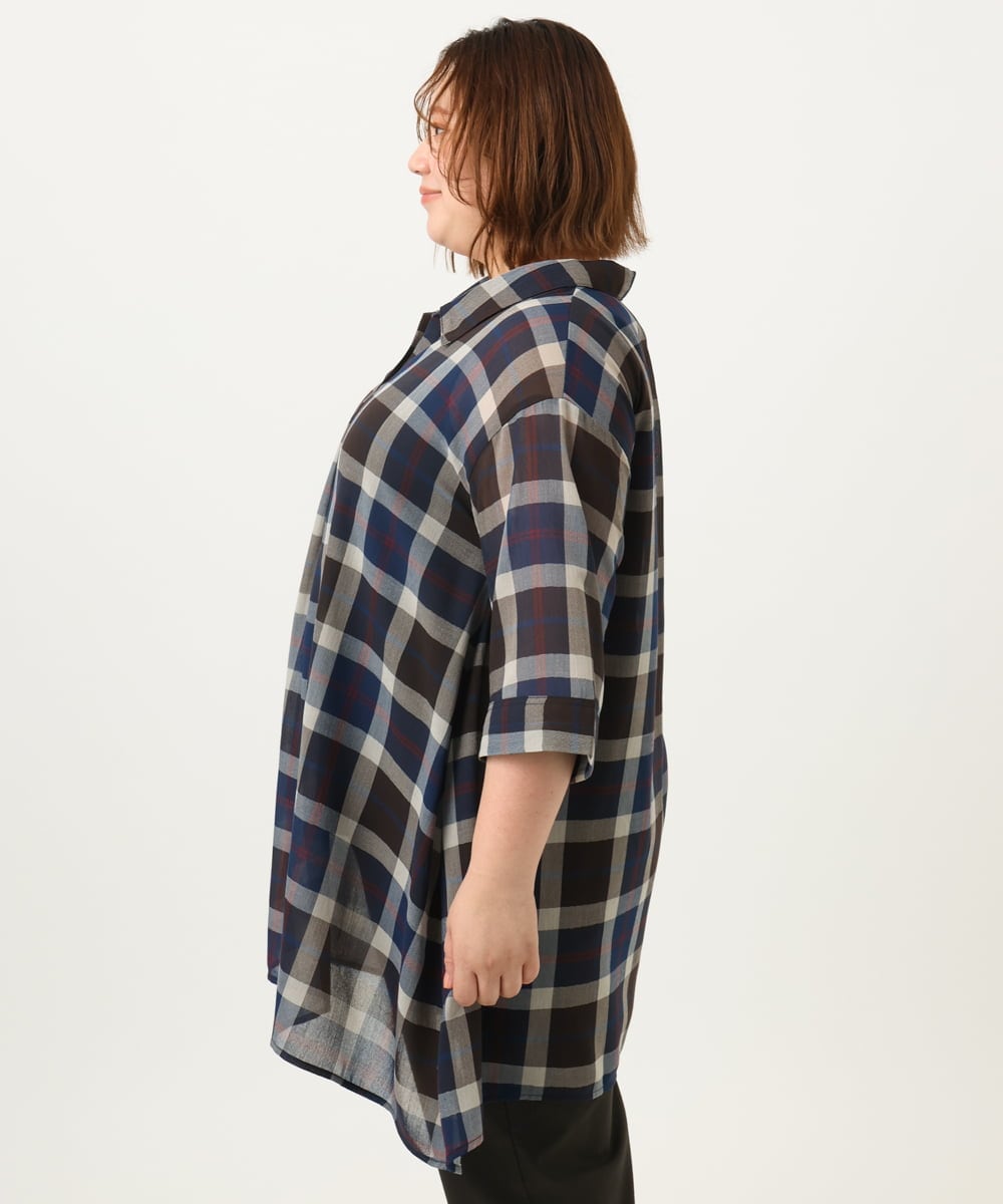 OLEJA01089 eur3(エウルキューブ) 【大きいサイズ】シアーチェックシャツチュニック ネイビー(57)