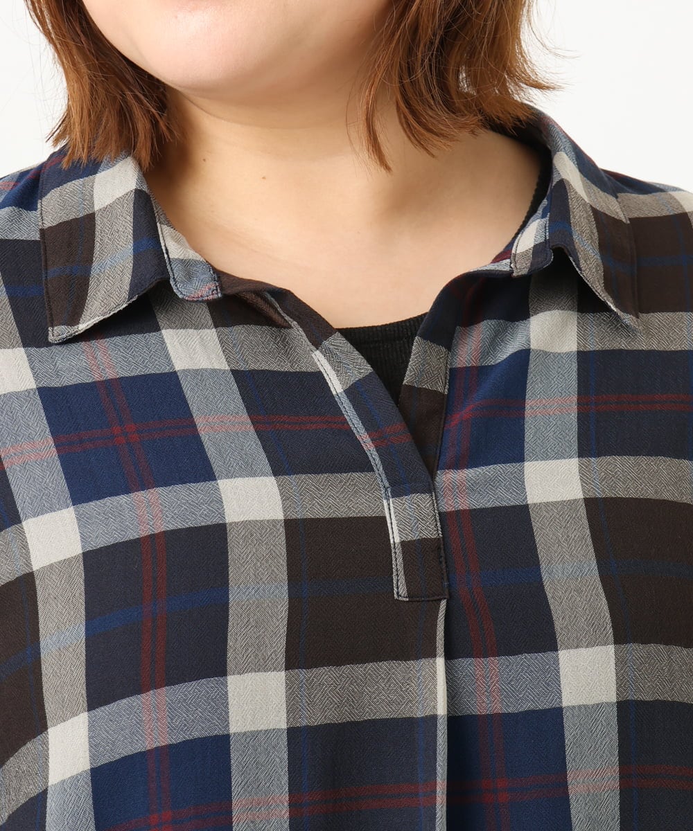 OLEJA01089 eur3(エウルキューブ) 【大きいサイズ】シアーチェックシャツチュニック ネイビー(57)