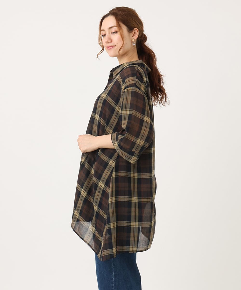 OLEJA01089 eur3(エウルキューブ) 【大きいサイズ】シアーチェックシャツチュニック ダークブラウン(87)