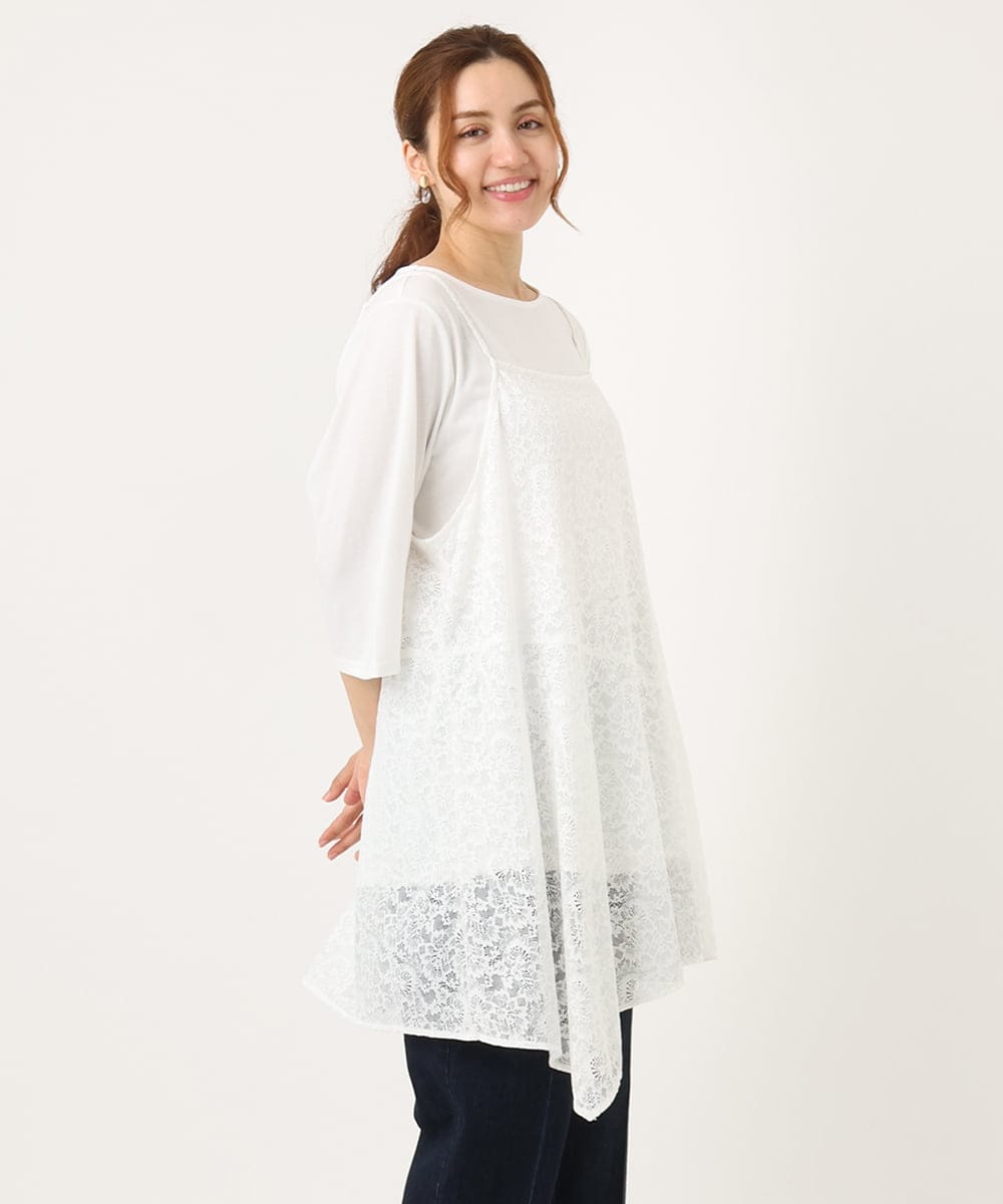 OLEJA02099 eur3(エウルキューブ) 【大きいサイズ/セットアイテム】レースキャミソール×Tシャツセット ホワイト(90)