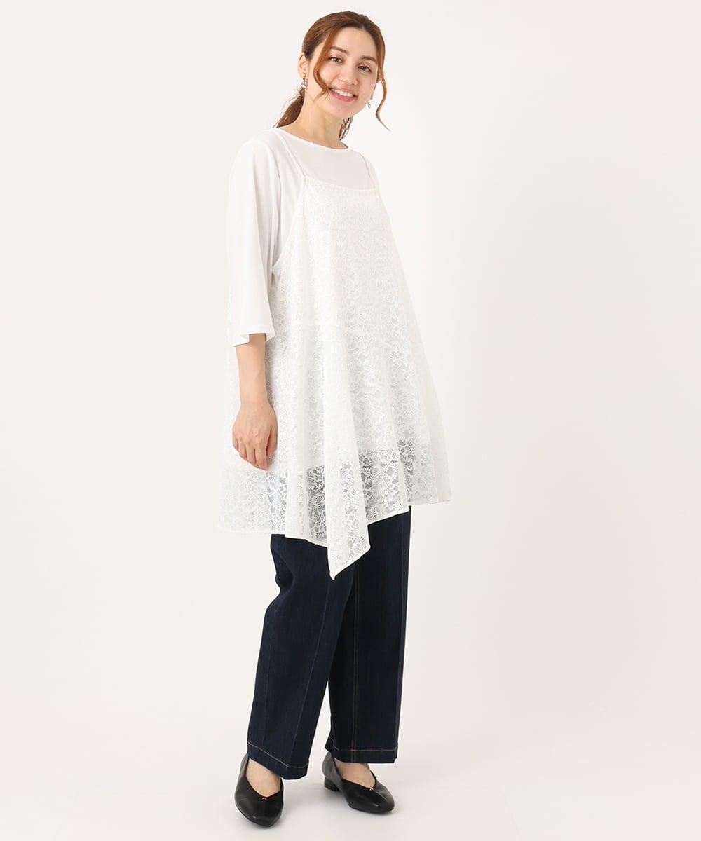 OLEJA02099 eur3(エウルキューブ) 【大きいサイズ/セットアイテム】レースキャミソール×Tシャツセット ホワイト(90)