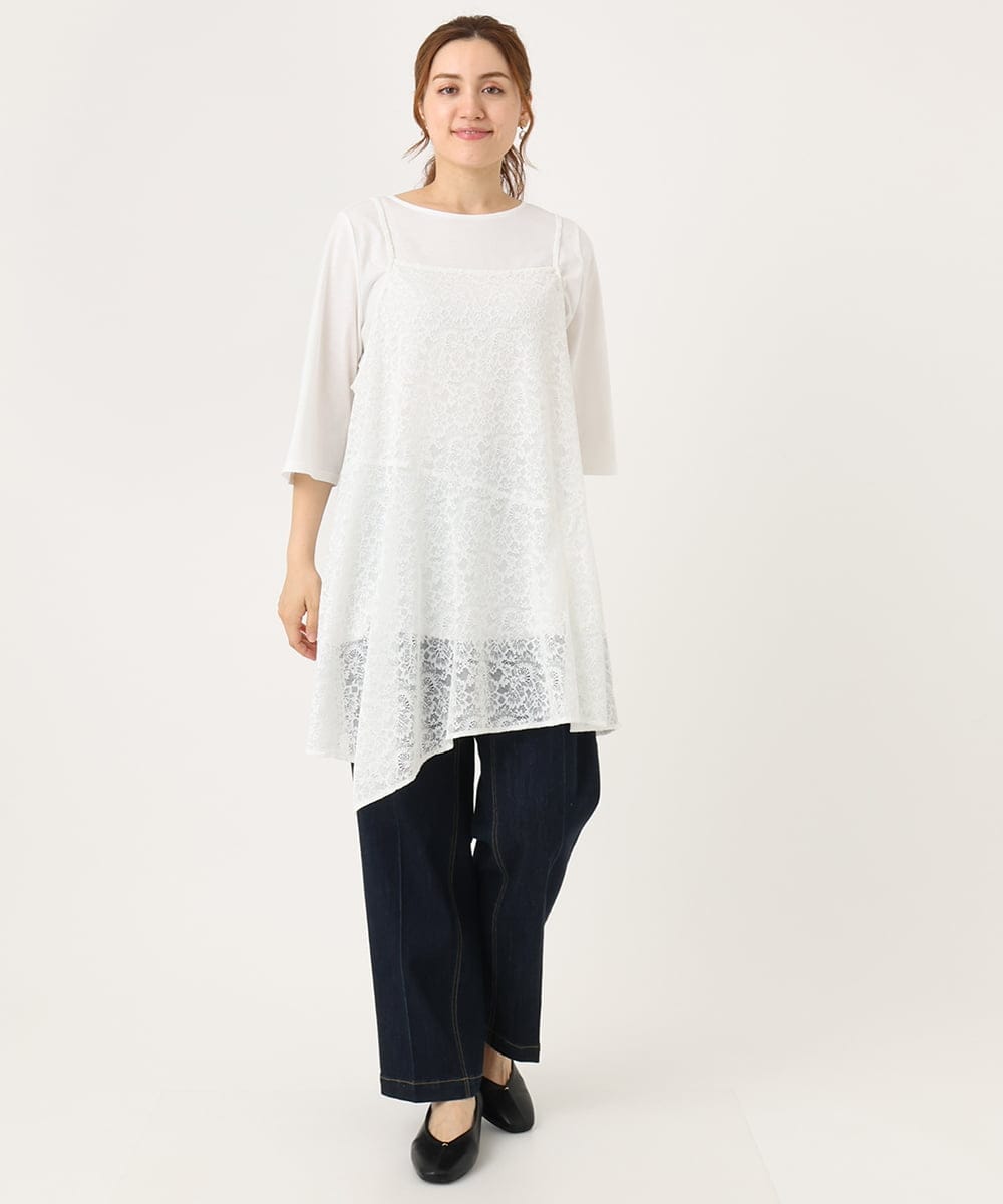 OLEJA02099 eur3(エウルキューブ) 【大きいサイズ/セットアイテム】レースキャミソール×Tシャツセット ホワイト(90)