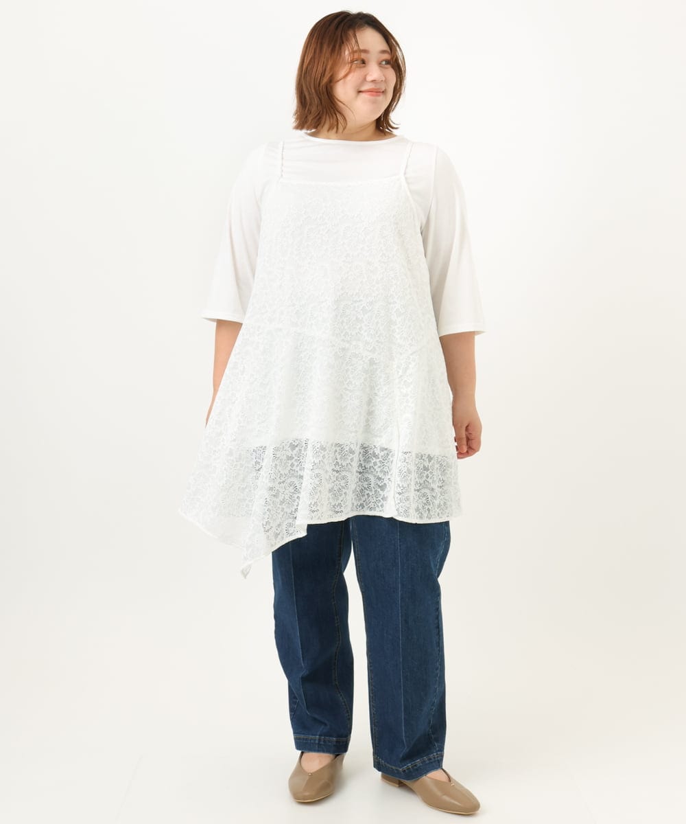 OLEJA02099 eur3(エウルキューブ) 【大きいサイズ/セットアイテム】レースキャミソール×Tシャツセット ホワイト(90)