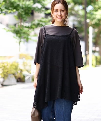 OLEJA02099 eur3 【大きいサイズ/セットアイテム】レースキャミソール×Tシャツセット