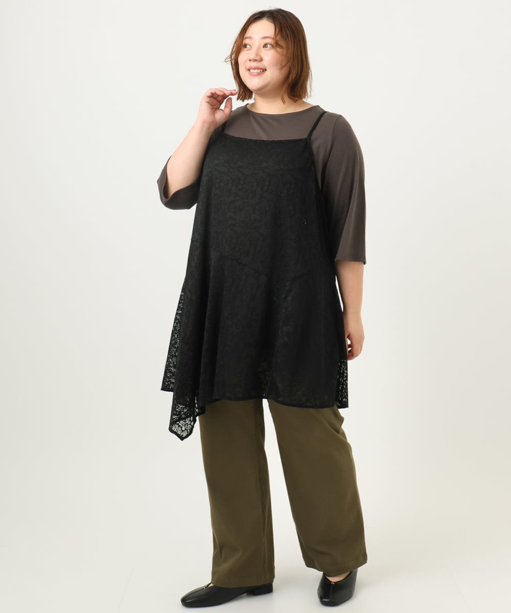 OLEJA02099 eur3(エウルキューブ) 【大きいサイズ/セットアイテム】レースキャミソール×Tシャツセット ブラック(94)
