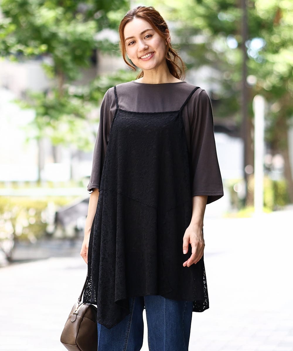 OLEJA02099 eur3(エウルキューブ) 【大きいサイズ/セットアイテム】レースキャミソール×Tシャツセット ブラック(94)