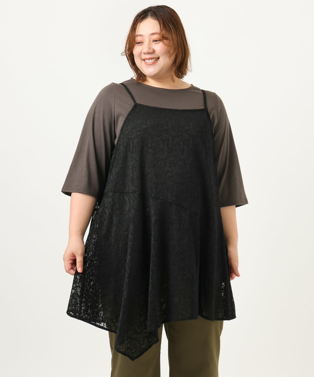 OLEJA02099 eur3(エウルキューブ) 【大きいサイズ/セットアイテム】レースキャミソール×Tシャツセット ブラック(94)