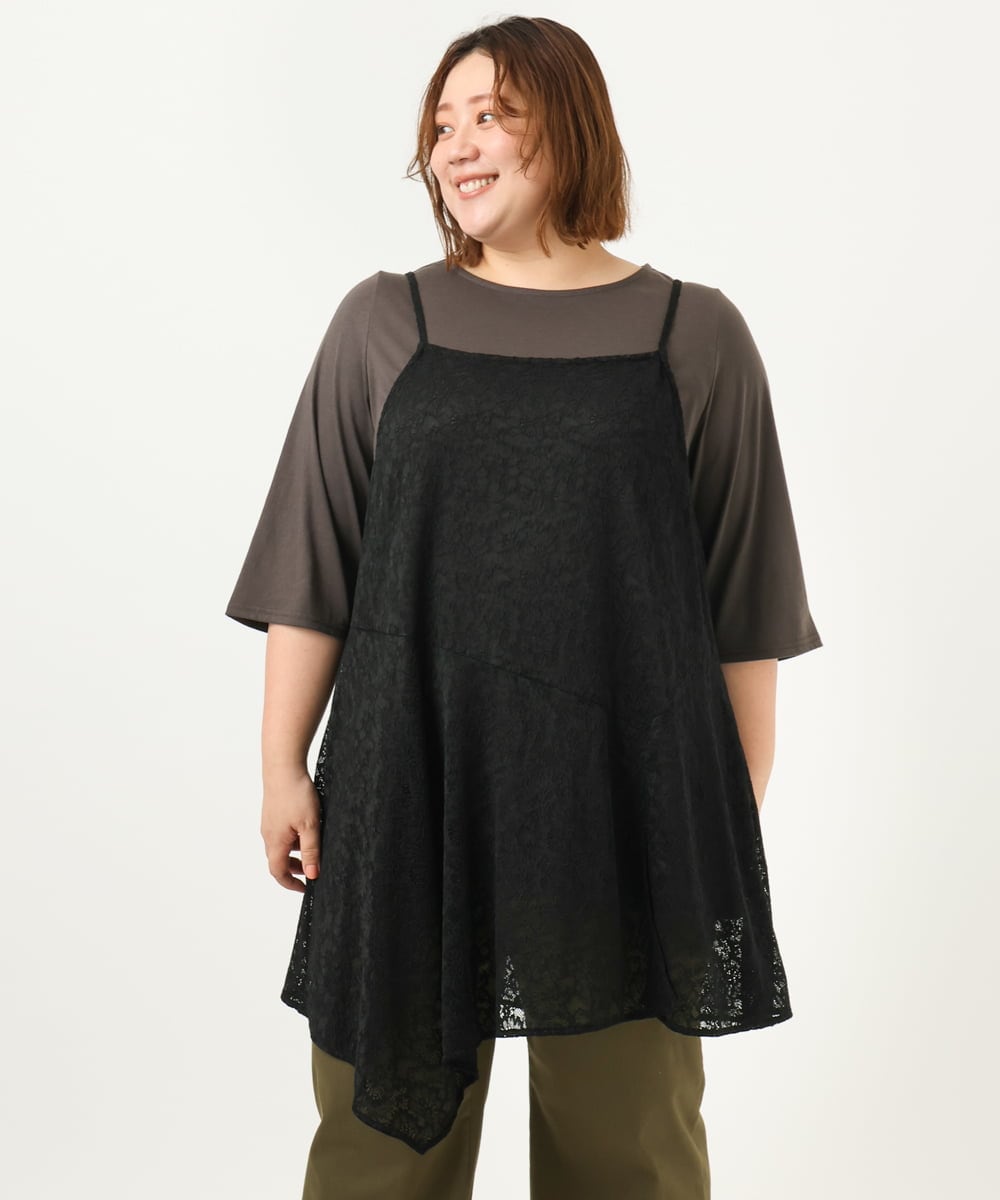 OLEJA02099 eur3(エウルキューブ) 【大きいサイズ/セットアイテム】レースキャミソール×Tシャツセット ブラック(94)