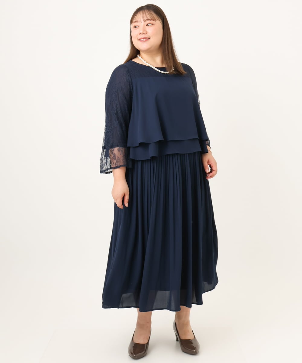 OLEJD01199 eur3(エウルキューブ) 【大きいサイズ】レースプリーツワンピース ネイビー