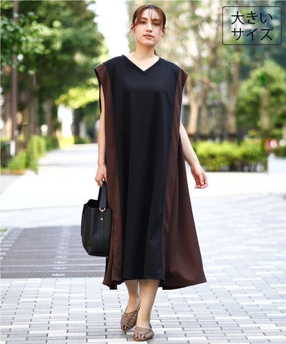OLEJD04129 eur3 【大きいサイズ/LAVEANGE×eur3】バイカラーノースリーブワンピース