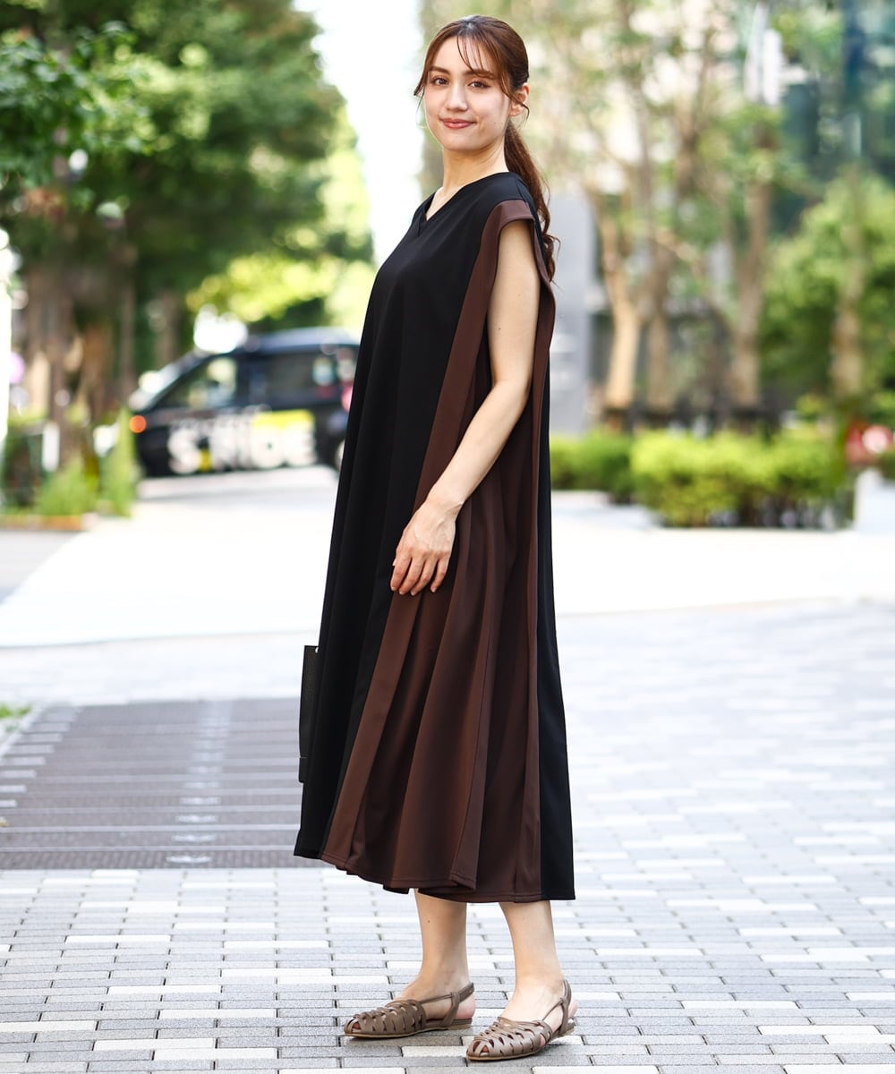 OLEJD04129 eur3(エウルキューブ) 【大きいサイズ/LAVEANGE×eur3】バイカラーノースリーブワンピース ブラック