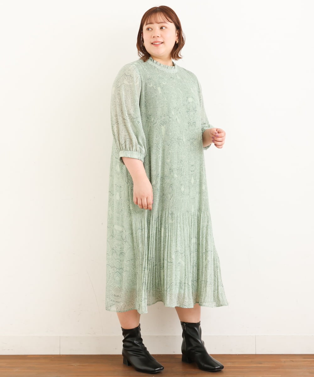 OLEJP03150 eur3(エウルキューブ) 【雑誌掲載】【大きいサイズ/11号サイズあり】アコーディオンプリーツワンピース ライトグリーン(30)