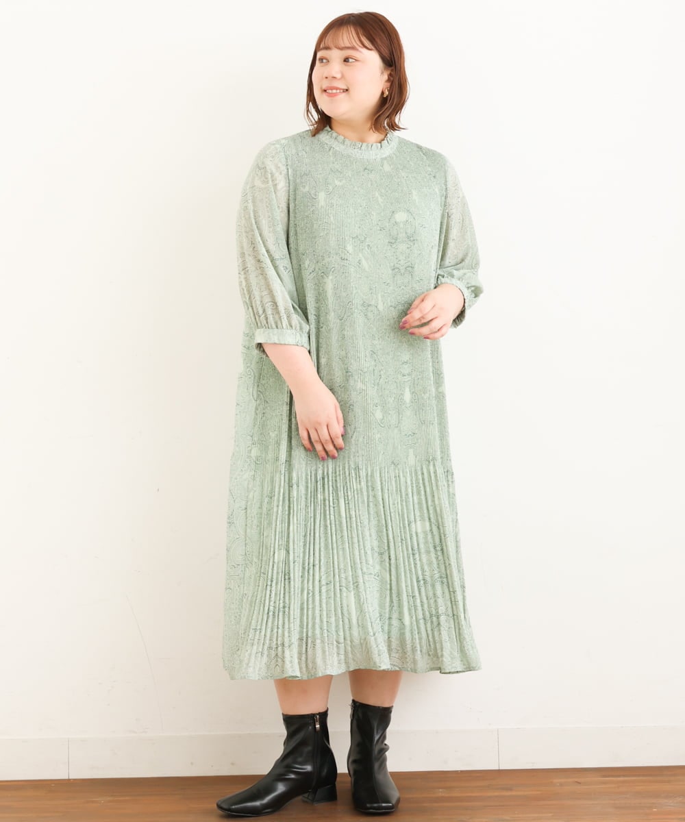 OLEJP03150 eur3(エウルキューブ) 【雑誌掲載】【大きいサイズ/11号サイズあり】アコーディオンプリーツワンピース ライトグリーン(30)