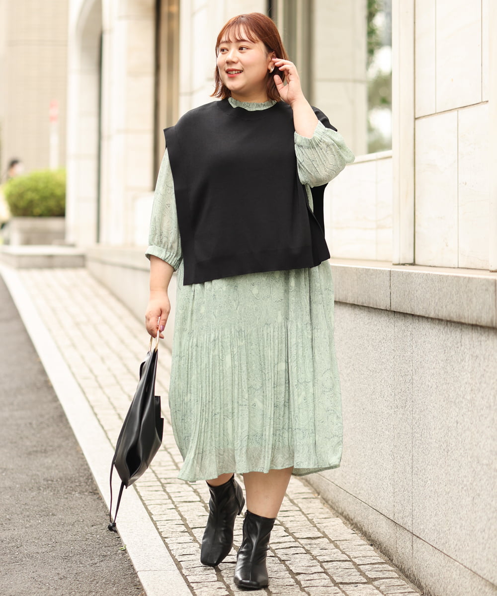 OLEJP03150 eur3(エウルキューブ) 【雑誌掲載】【大きいサイズ/11号サイズあり】アコーディオンプリーツワンピース ライトグリーン(30)