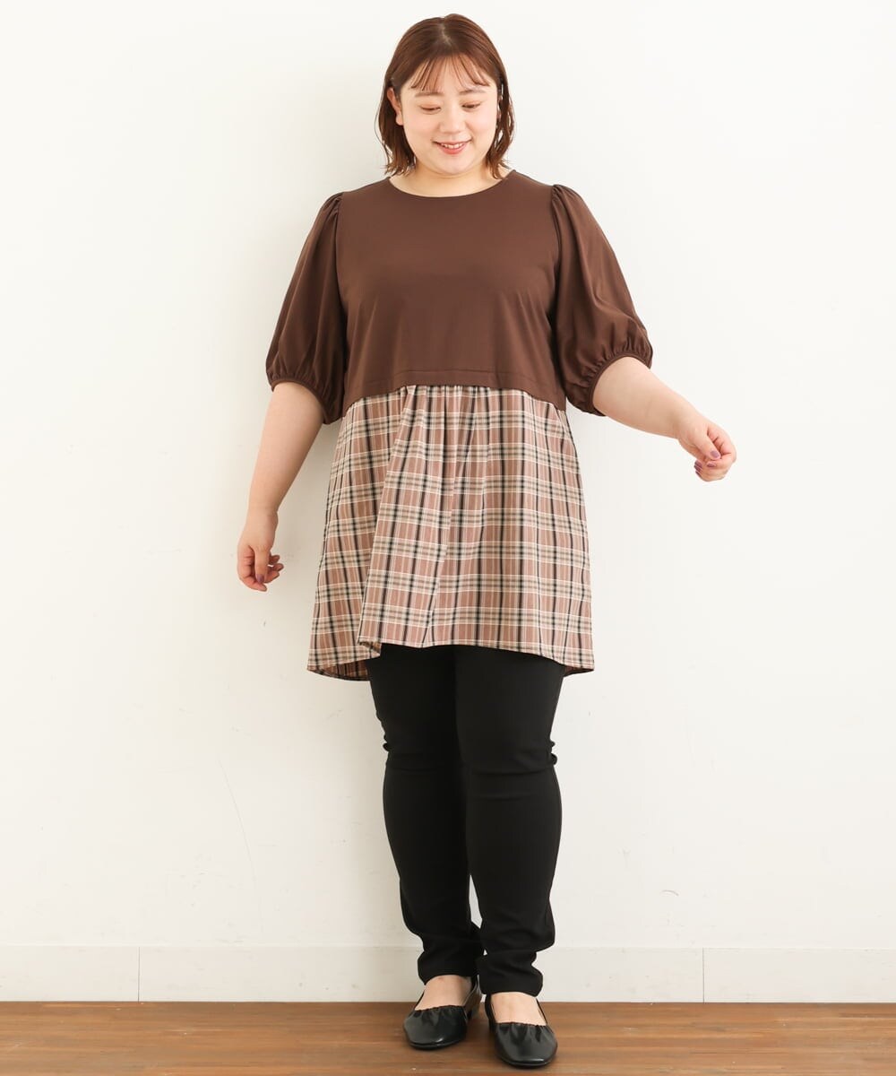 OLEJP04080 eur3(エウルキューブ) 【大きいサイズ】レイヤード風チェック柄チュニック ダークブラウン(87)