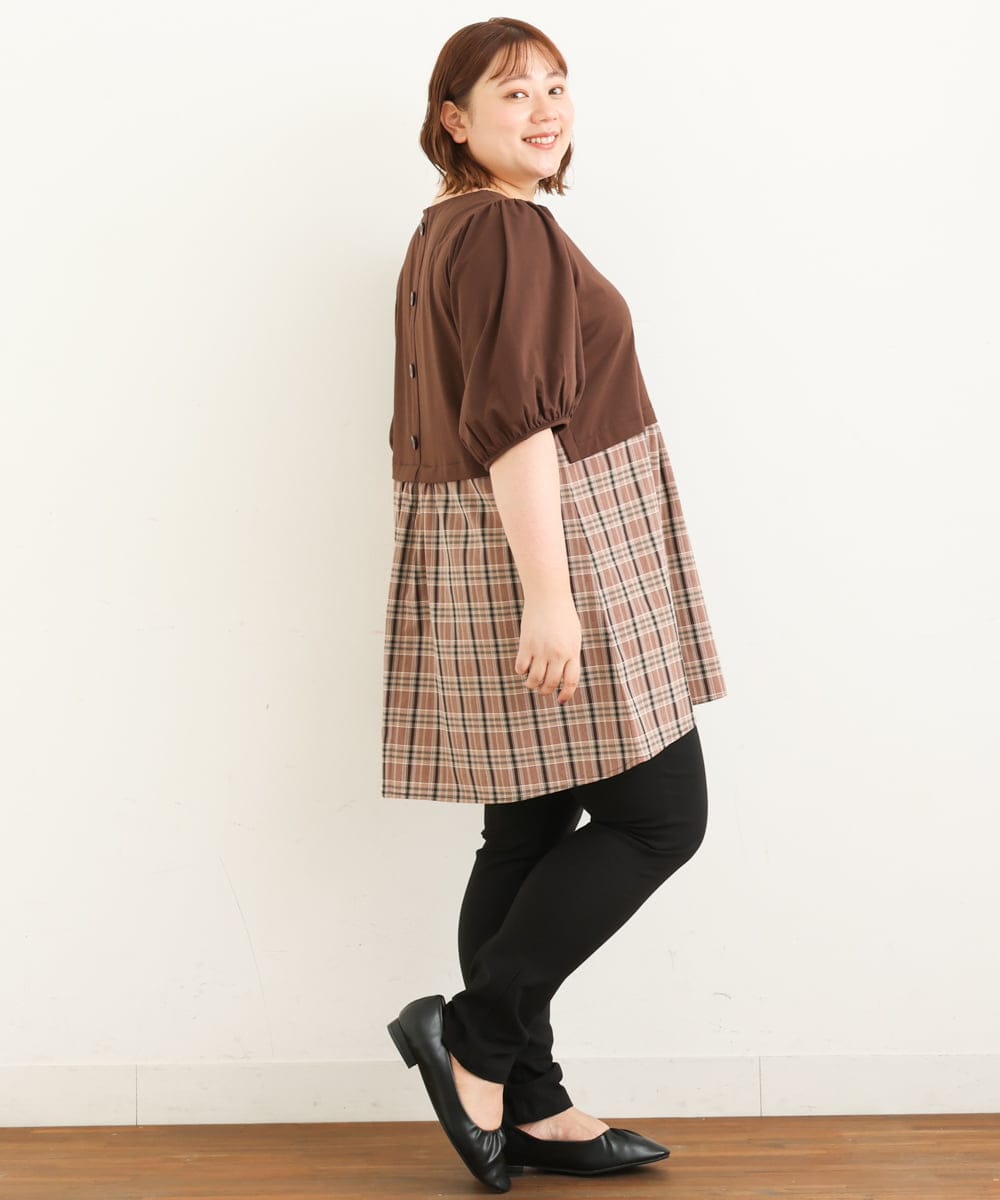 OLEJP04080 eur3(エウルキューブ) 【大きいサイズ】レイヤード風チェック柄チュニック ダークブラウン(87)