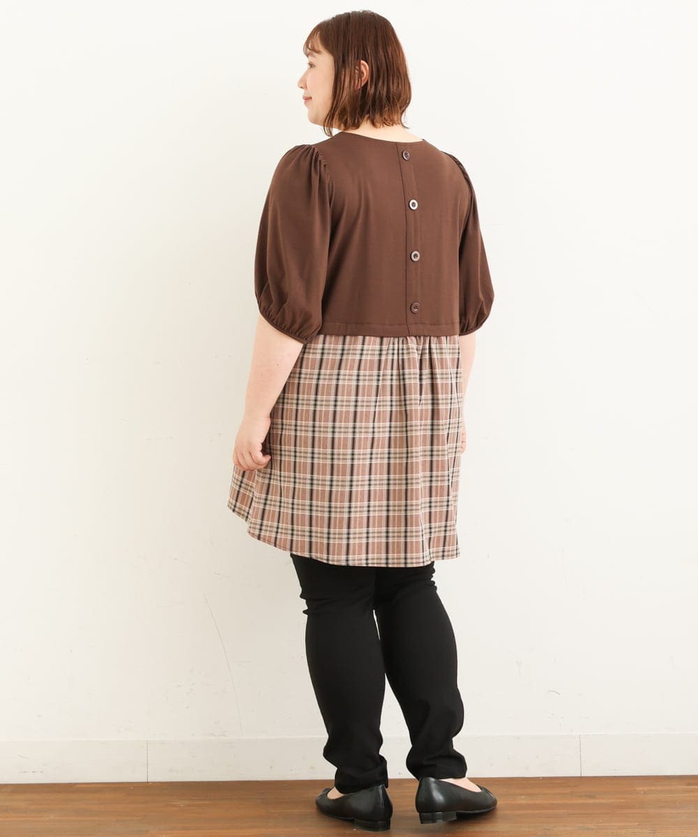 OLEJP04080 eur3(エウルキューブ) 【大きいサイズ】レイヤード風チェック柄チュニック ダークブラウン(87)