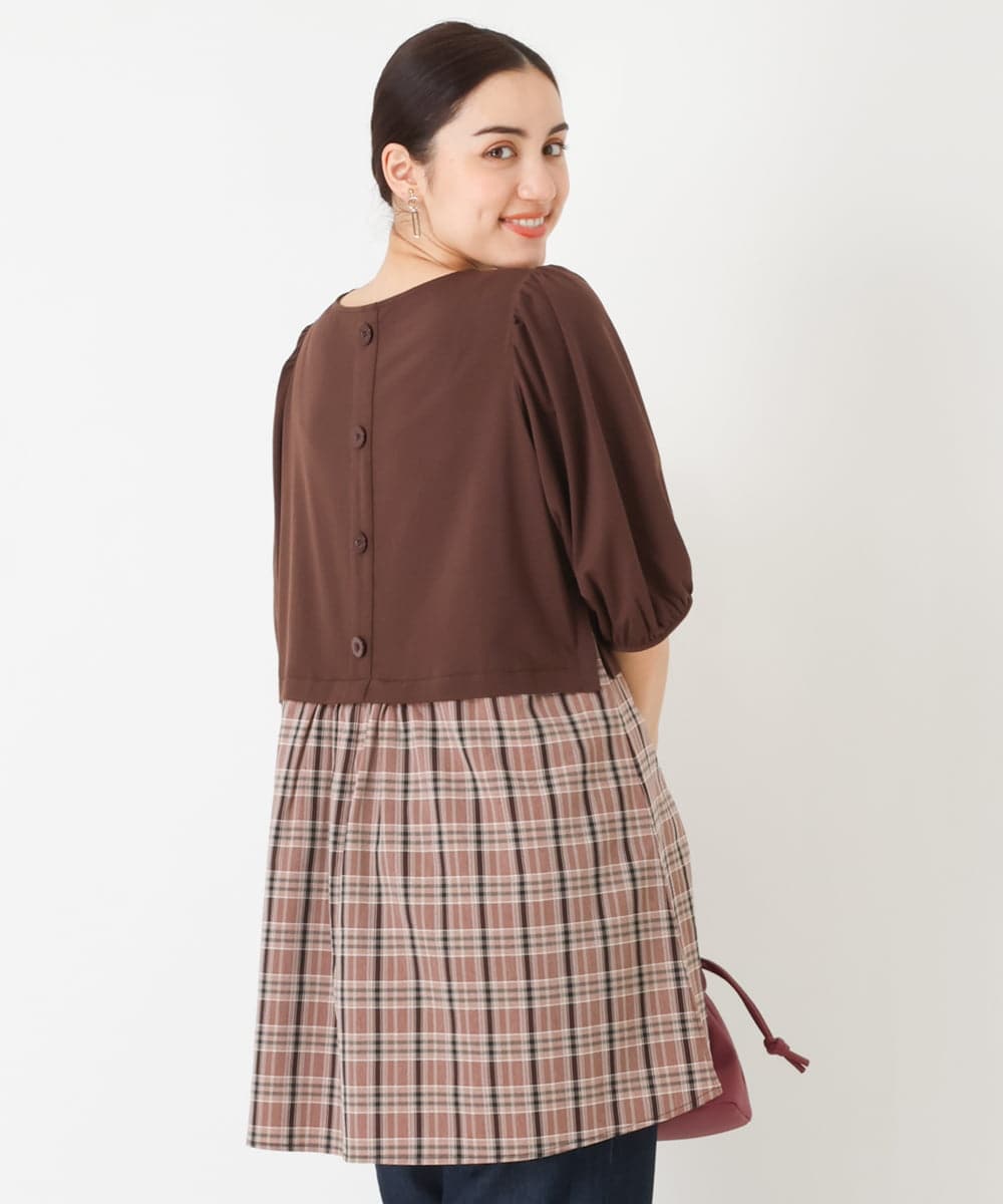 OLEJP04080 eur3(エウルキューブ) 【大きいサイズ】レイヤード風チェック柄チュニック ダークブラウン(87)