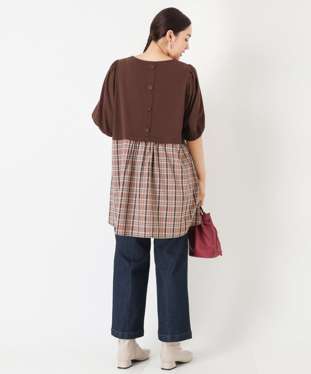 OLEJP04080 eur3(エウルキューブ) 【大きいサイズ】レイヤード風チェック柄チュニック ダークブラウン(87)