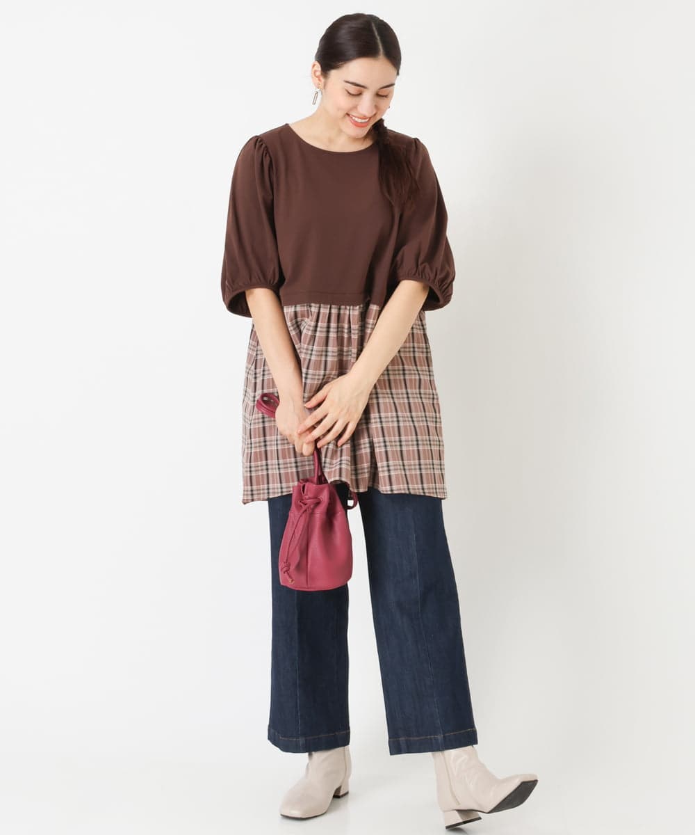 OLEJP04080 eur3(エウルキューブ) 【大きいサイズ】レイヤード風チェック柄チュニック ダークブラウン(87)