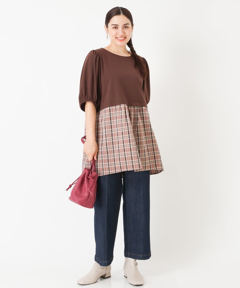 OLEJP04080 eur3(エウルキューブ) 【大きいサイズ】レイヤード風チェック柄チュニック ダークブラウン(87)