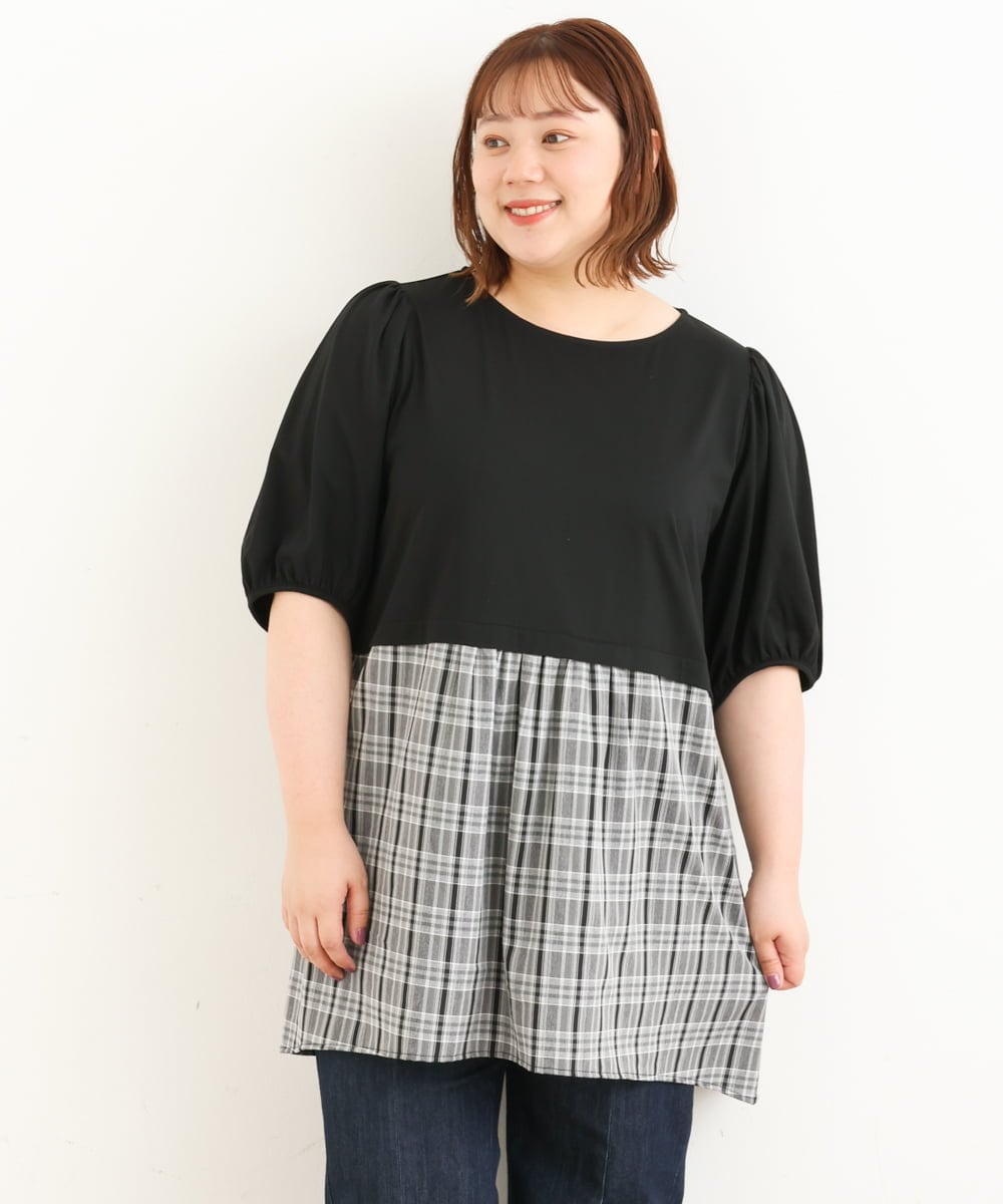 OLEJP04080 eur3(エウルキューブ) 【大きいサイズ】レイヤード風チェック柄チュニック ブラック(94)