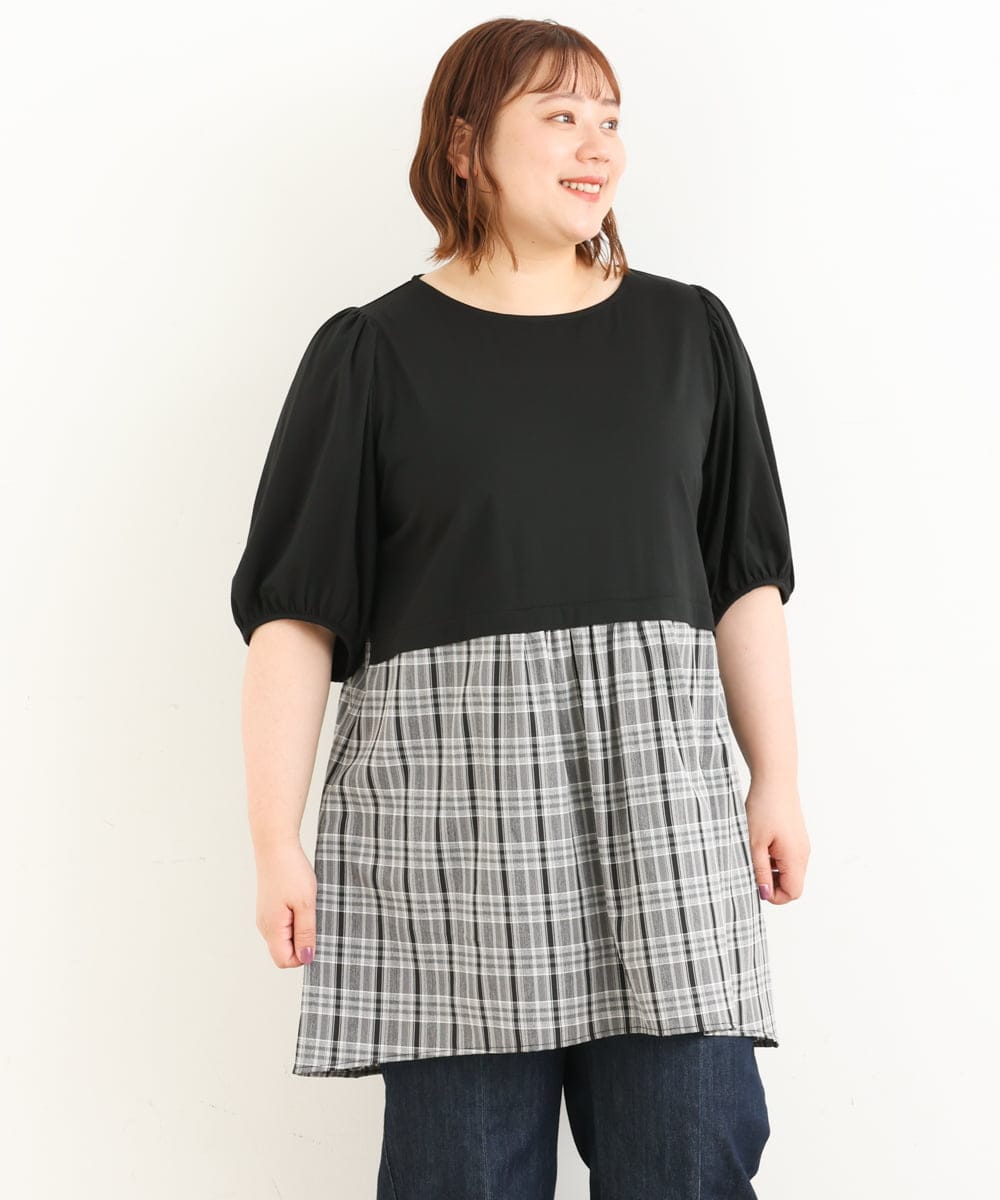 OLEJP04080 eur3(エウルキューブ) 【大きいサイズ】レイヤード風チェック柄チュニック ブラック(94)
