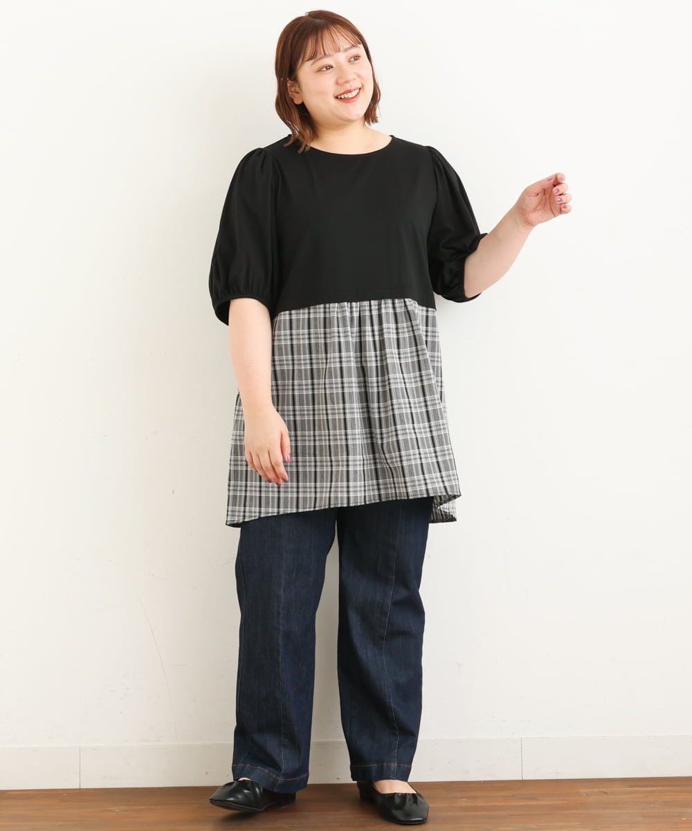 OLEJP04080 eur3(エウルキューブ) 【大きいサイズ】レイヤード風チェック柄チュニック ブラック(94)