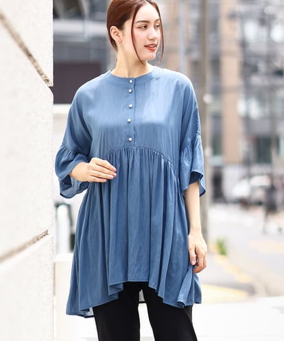 OLEJV20089 eur3 【大きいサイズ/LAVEANGE×eur3】ギャザーフレアチュニックブラウス
