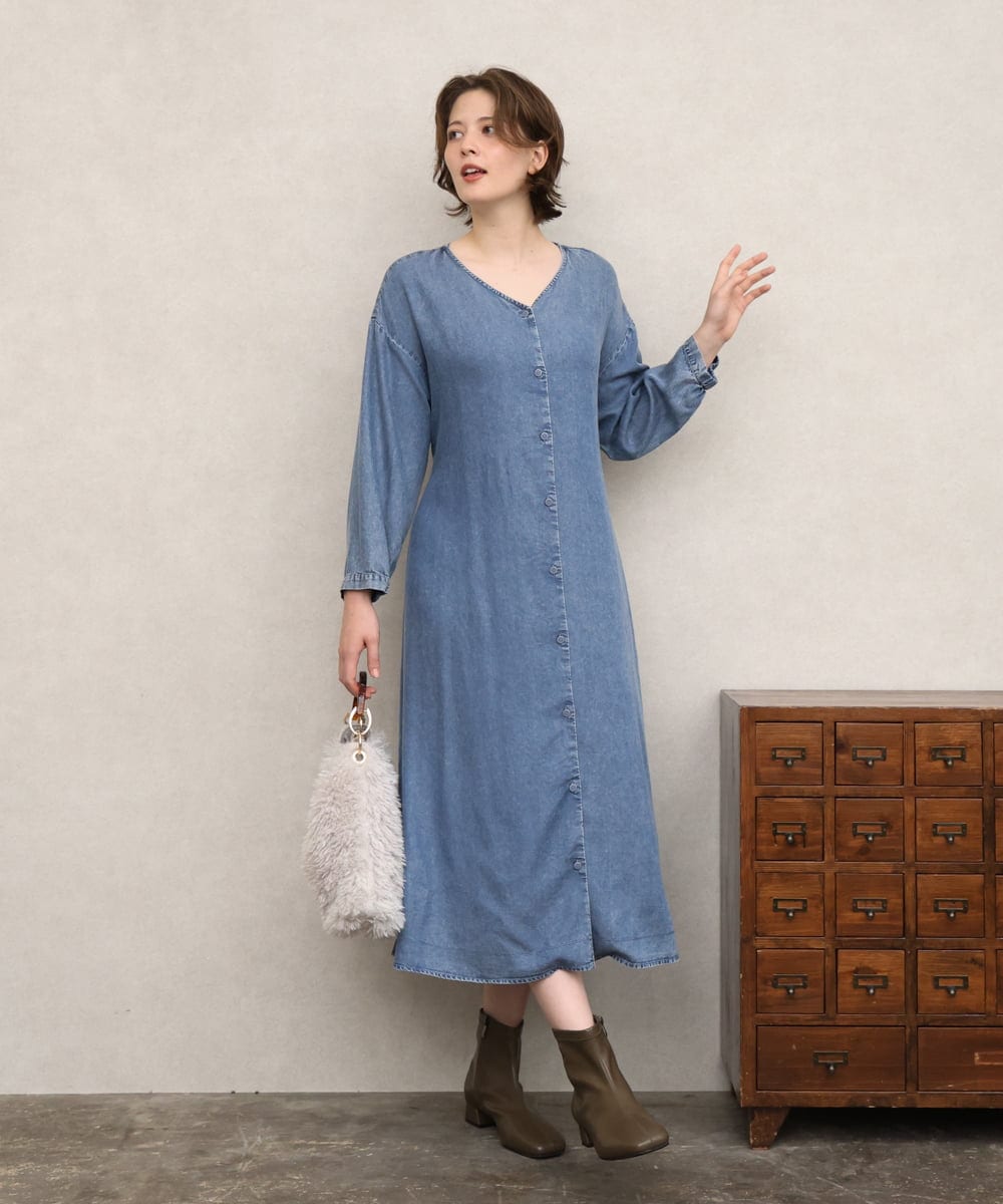 OLEKD06139 eur3(エウルキューブ) 【WEB先行販売】【大きいサイズ】ケミカルウォッシュデニムボウドレス ライトブルー