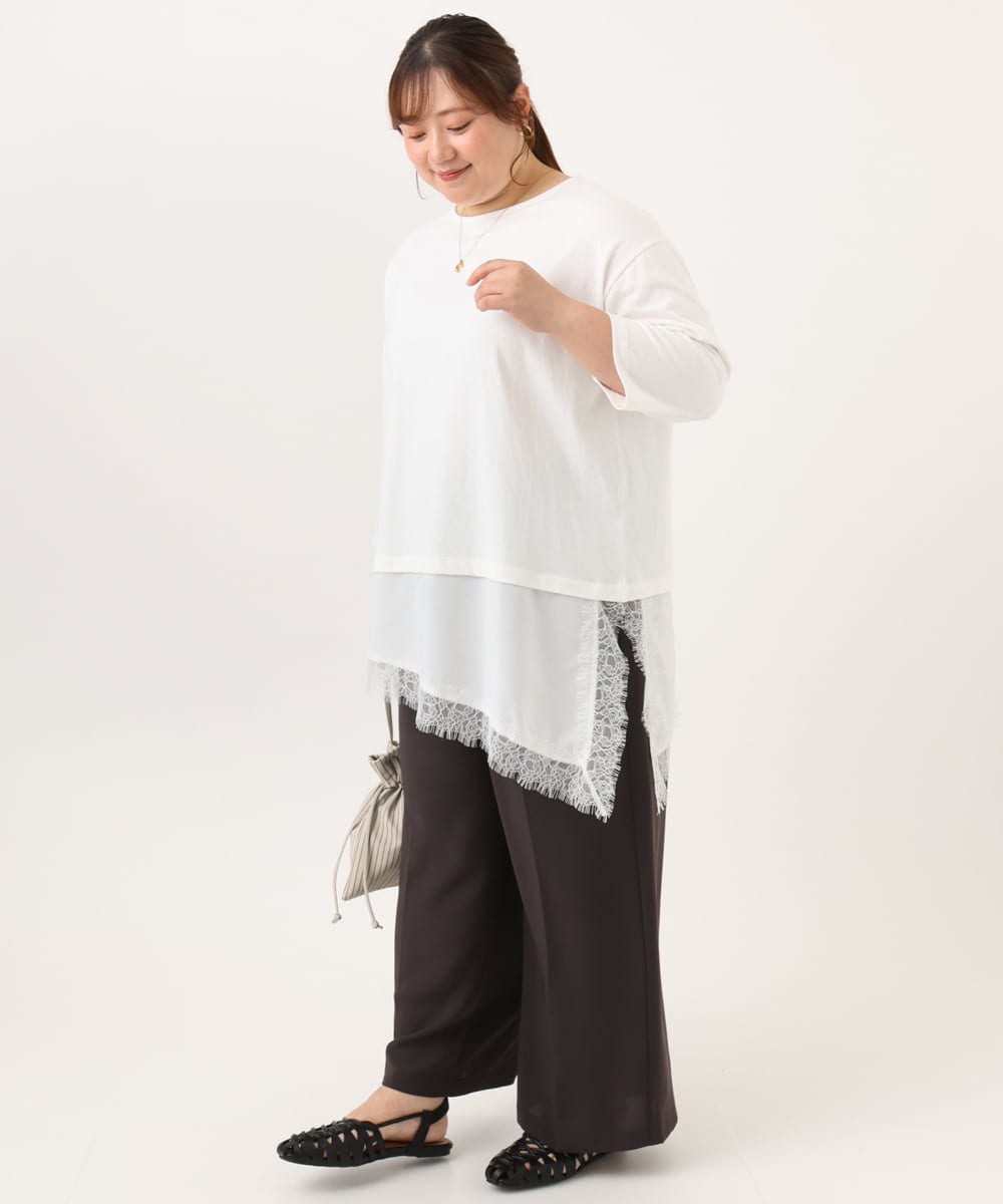 OLEKD13079 eur3(エウルキューブ) 【WEB先行販売】【大きいサイズ】レイヤード風裾レースチュニック ホワイト
