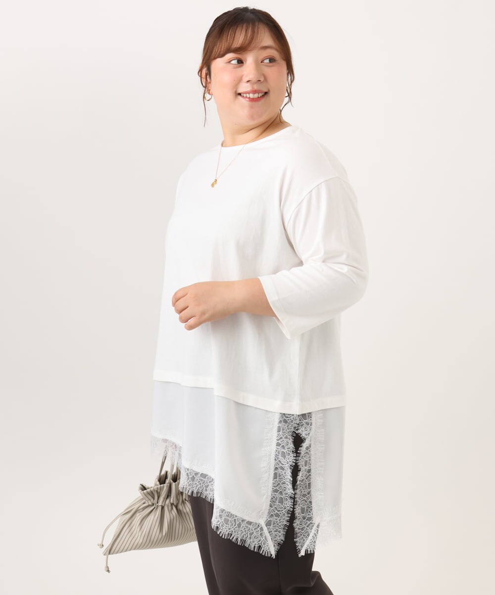 OLEKD13079 eur3(エウルキューブ) 【WEB先行販売】【大きいサイズ】レイヤード風裾レースチュニック ホワイト