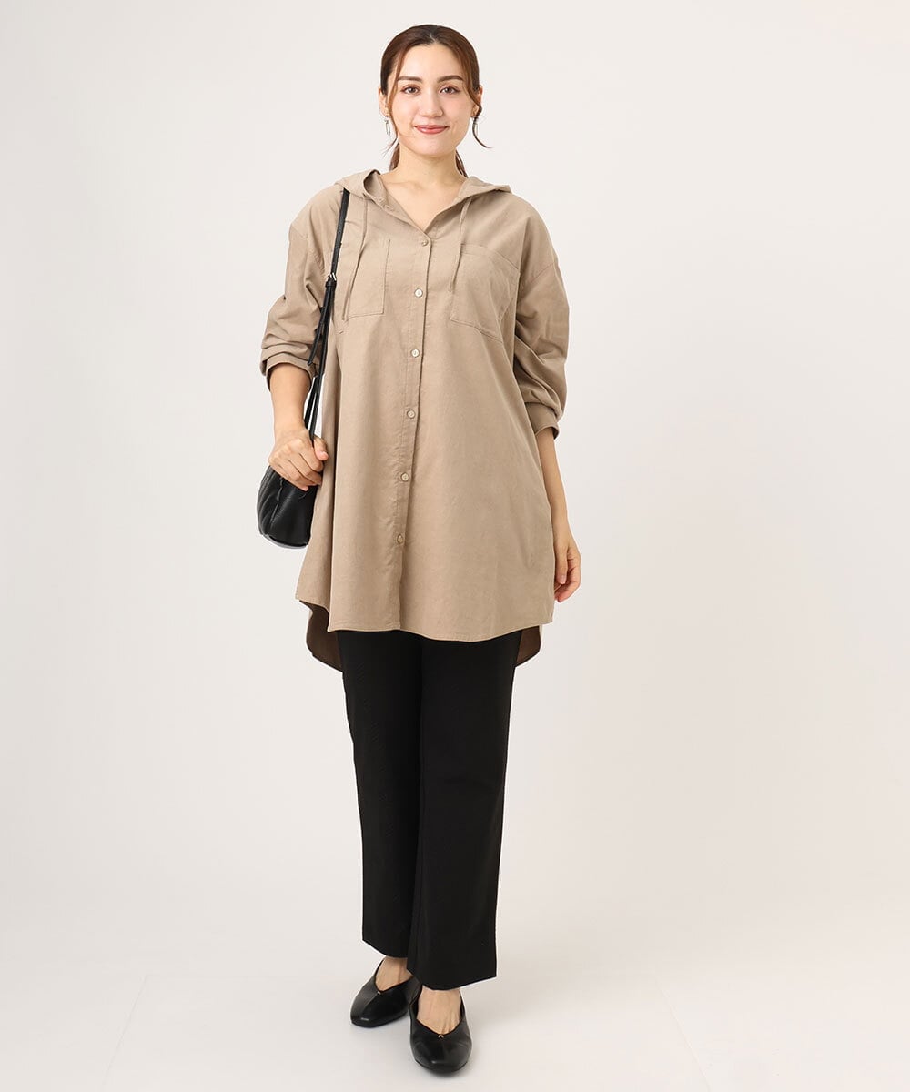 OLELA07129 eur3(エウルキューブ) 【大きいサイズ】コーデュロイフーディーシャツチュニック ベージュ(82)（WEB限定カラー）