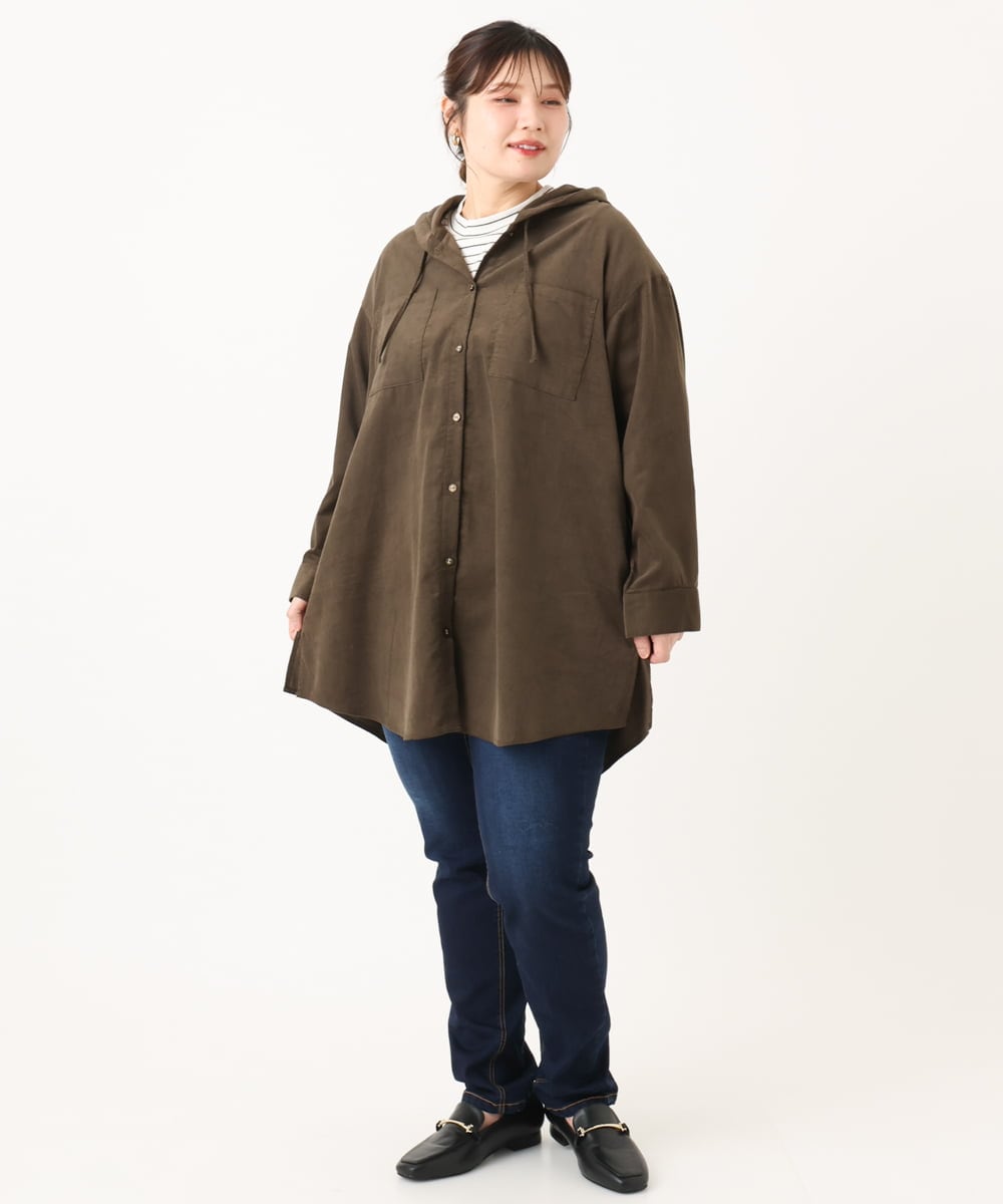 OLELA07129 eur3(エウルキューブ) 【大きいサイズ】コーデュロイフーディーシャツチュニック ダークブラウン(87)