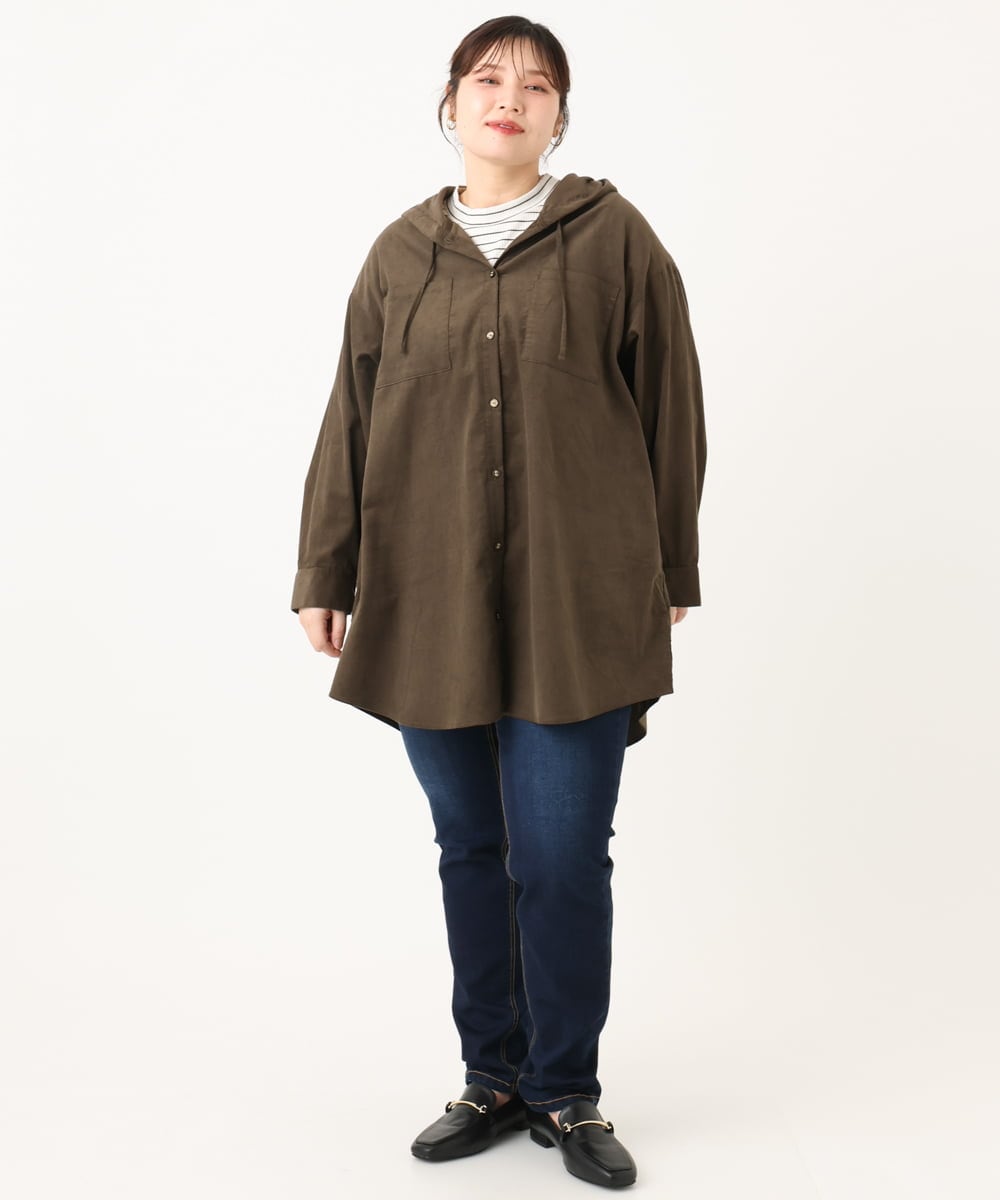 OLELA07129 eur3(エウルキューブ) 【大きいサイズ】コーデュロイフーディーシャツチュニック ダークブラウン(87)