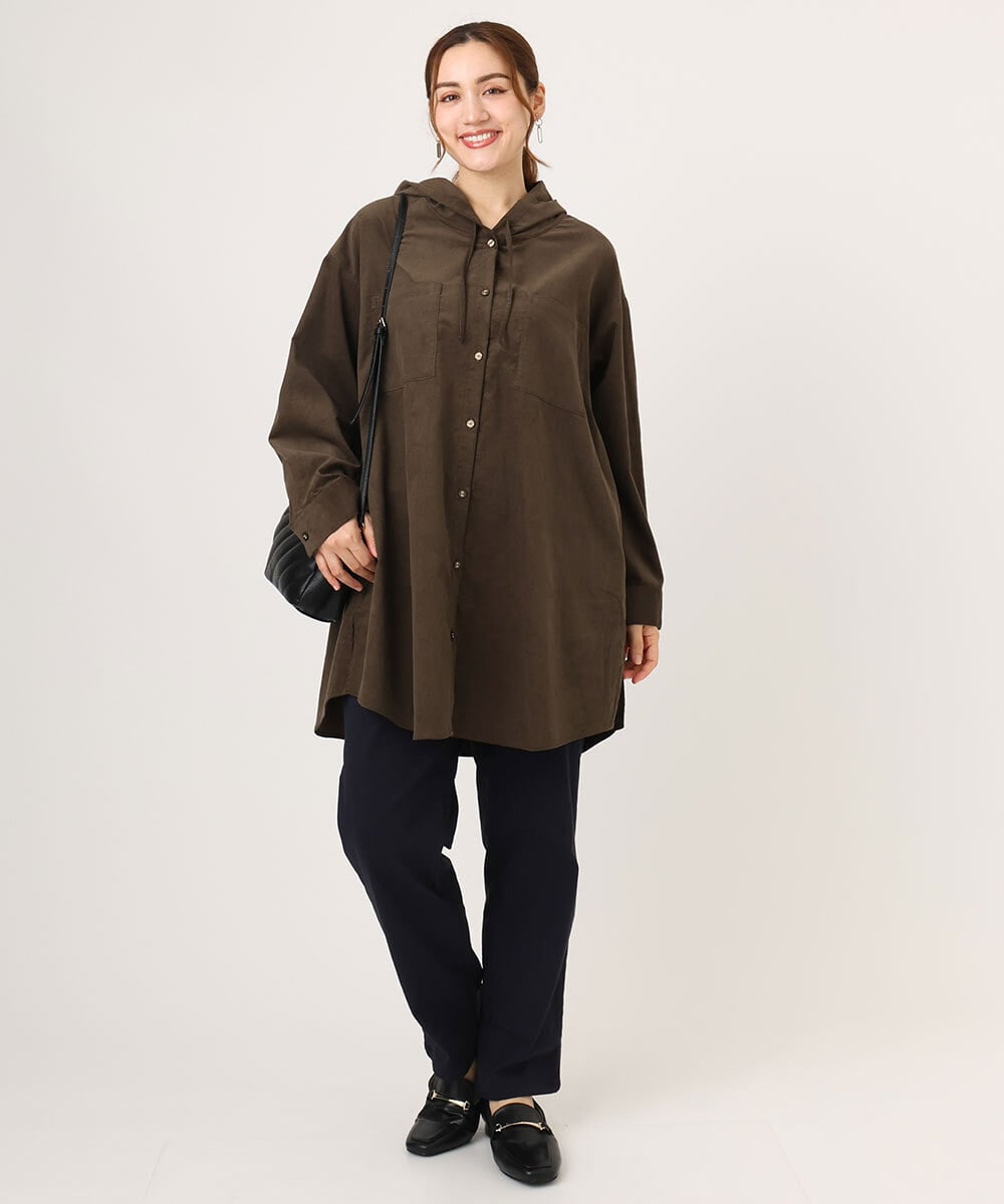 OLELA07129 eur3(エウルキューブ) 【大きいサイズ】コーデュロイフーディーシャツチュニック ダークブラウン(87)