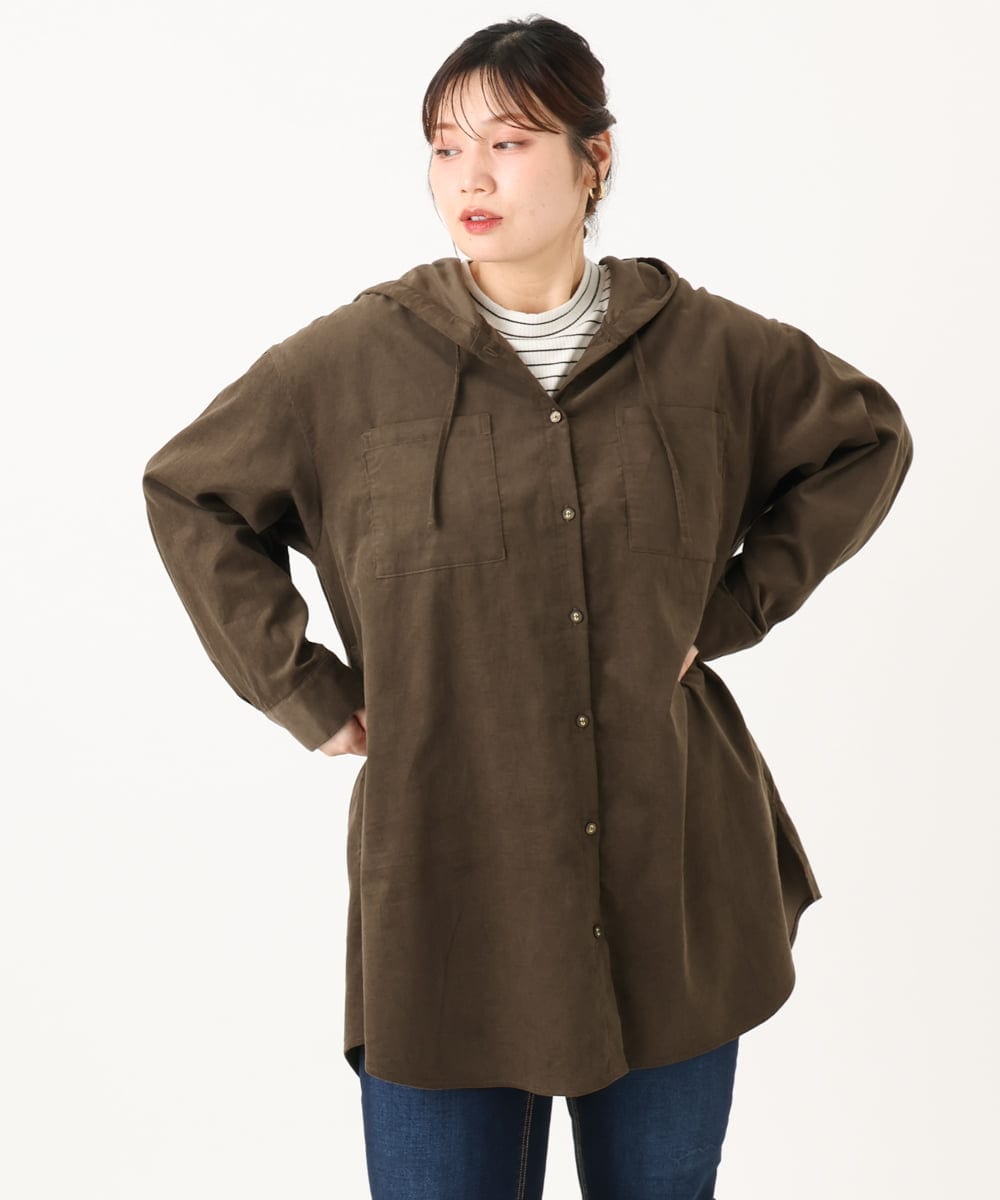 OLELA07129 eur3(エウルキューブ) 【大きいサイズ】コーデュロイフーディーシャツチュニック ダークブラウン(87)