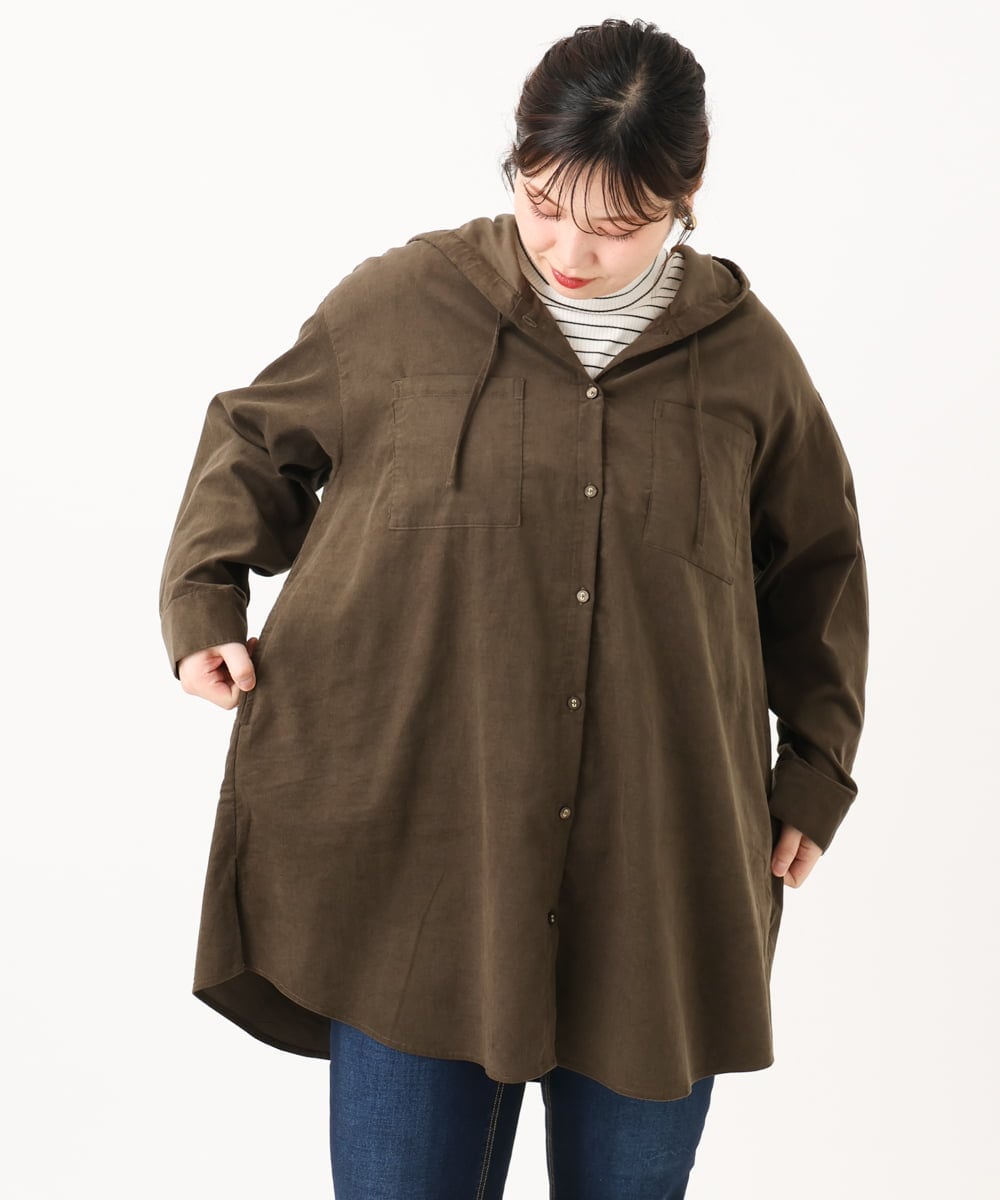 OLELA07129 eur3(エウルキューブ) 【大きいサイズ】コーデュロイフーディーシャツチュニック ダークブラウン(87)