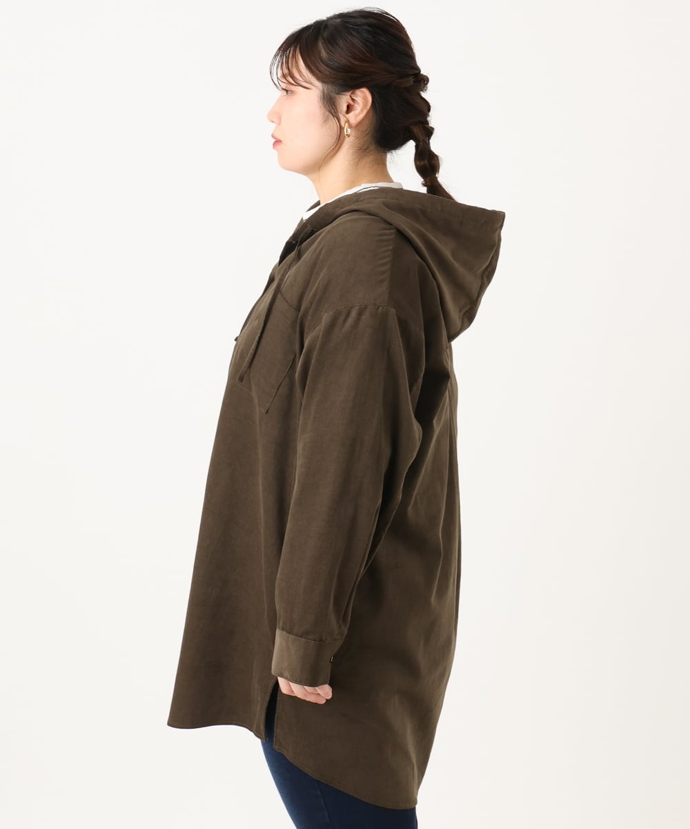 OLELA07129 eur3(エウルキューブ) 【大きいサイズ】コーデュロイフーディーシャツチュニック ダークブラウン(87)