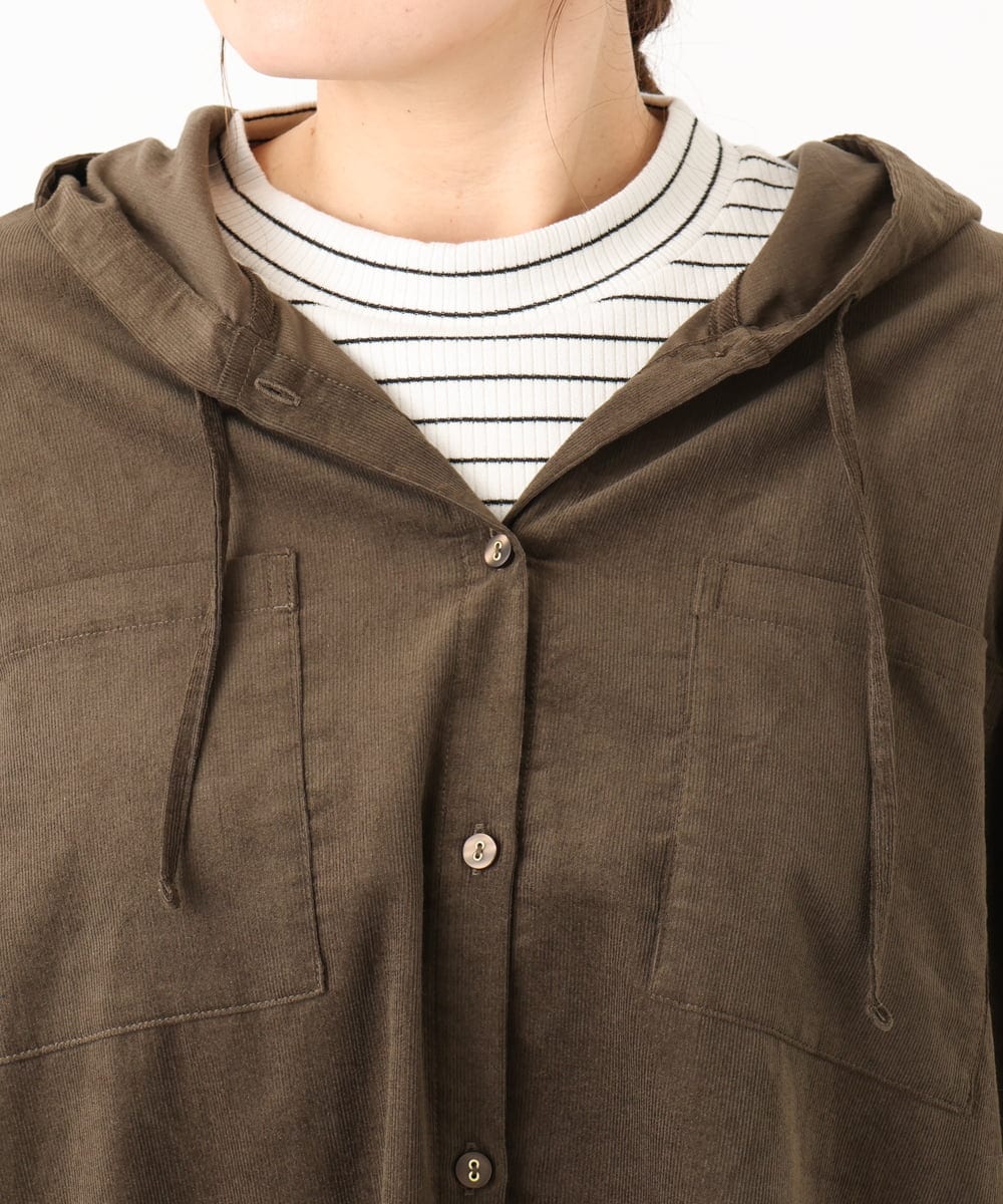 OLELA07129 eur3(エウルキューブ) 【大きいサイズ】コーデュロイフーディーシャツチュニック ダークブラウン(87)