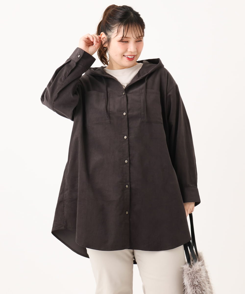 OLELA07129 eur3(エウルキューブ) 【大きいサイズ】コーデュロイフーディーシャツチュニック ダークグレー(93)